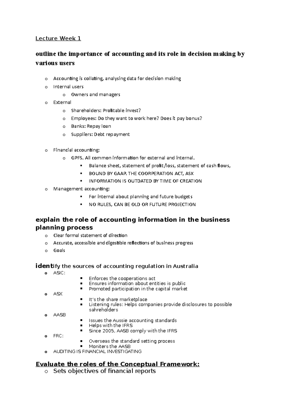 Accounting BUSN1001 - lecture notes - Lecture Week 1 outline the ...