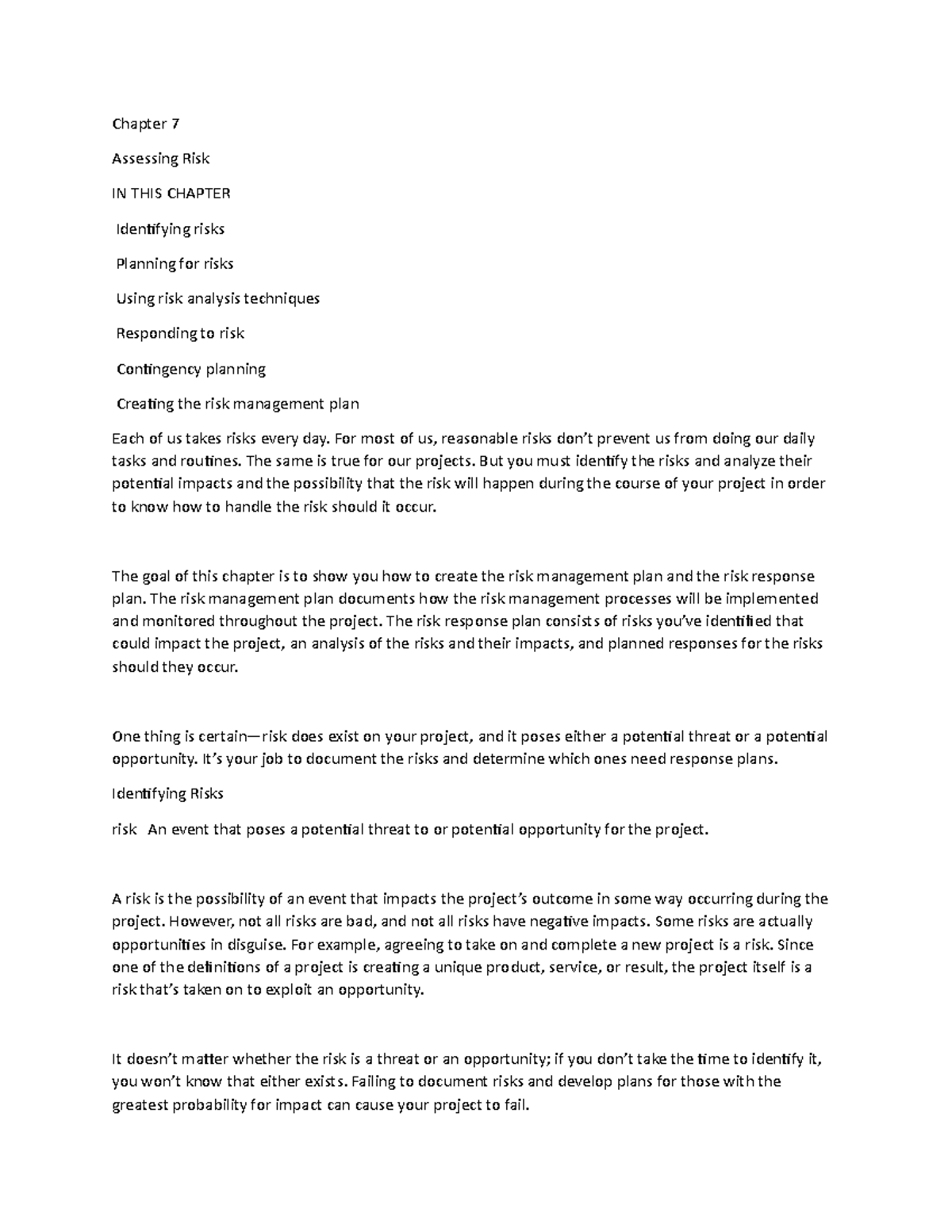 Chapter 7 - notes - Chapter 7 Assessing Risk IN THIS CHAPTER ...