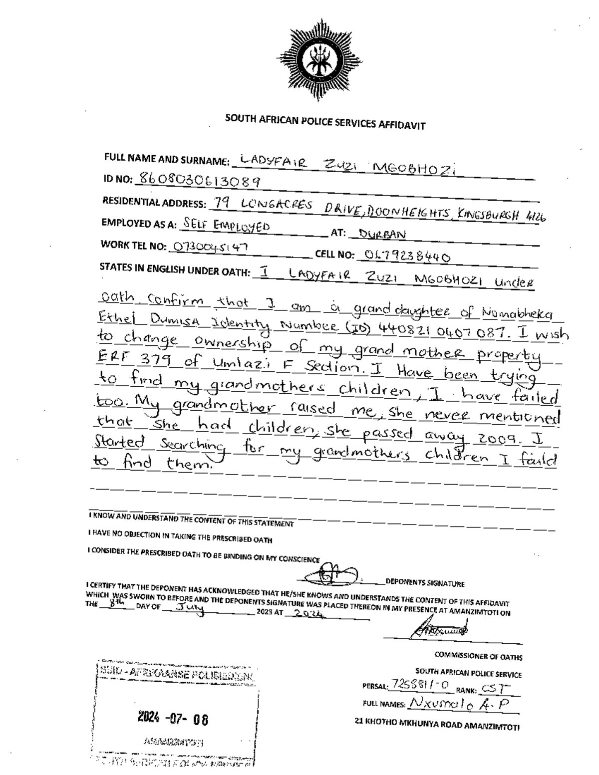 Scan 2024 07 09 06 33 31 349 - SOUTH AFRICAN POLICE SERVICES AFFIDAVIT ...