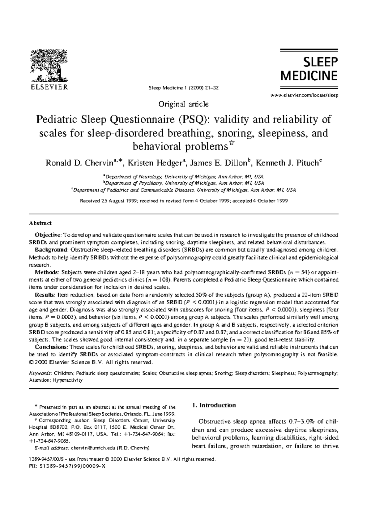 Chervin 2000 - Sueño en odontología - Original article Pediatric Sleep ...