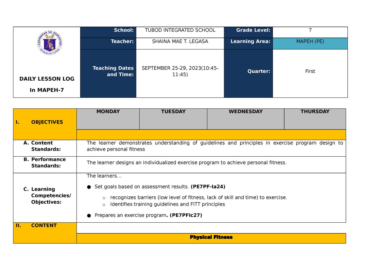 Q1 DLL PE7 WEEK1 - MAPEH - DAILY LESSON LOG In MAPEH- School: TUBOD ...