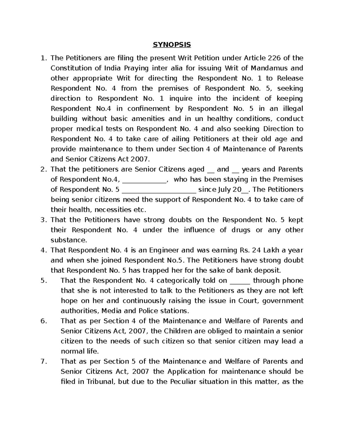 Writ petition high court under article 226 format download in ms word