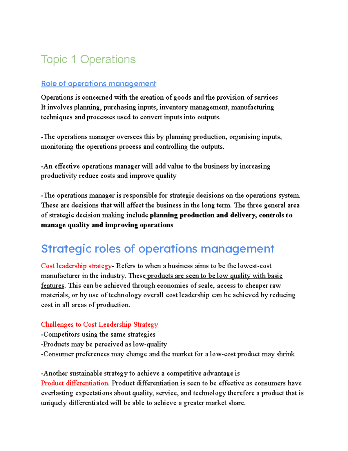 Year 12 HSC Business Studies Notes - Topic 1 Operations Role of ...