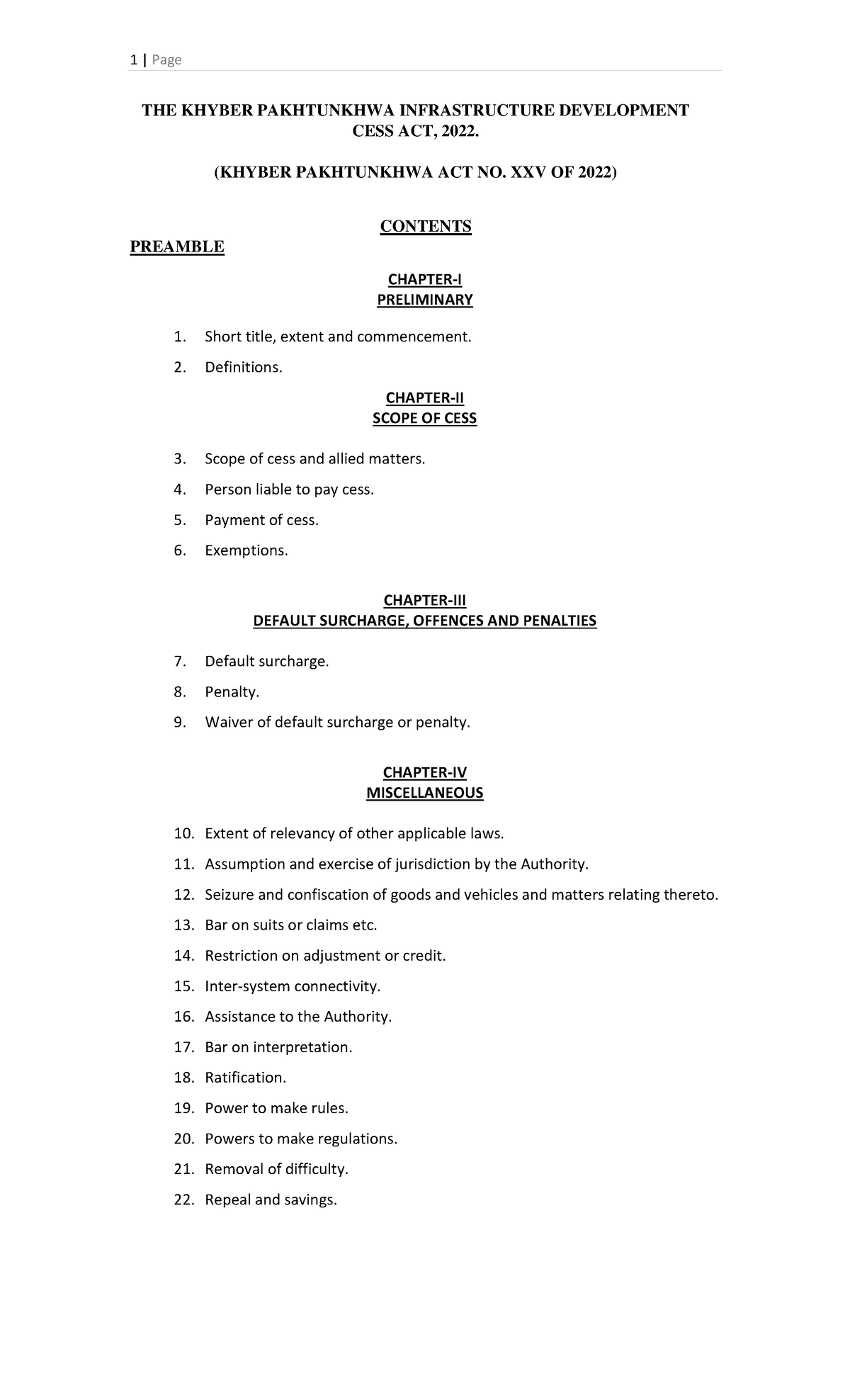 THE Khyber Pakhtunkhwa Infrastructure Development CESS ACT 2022 - THE ...