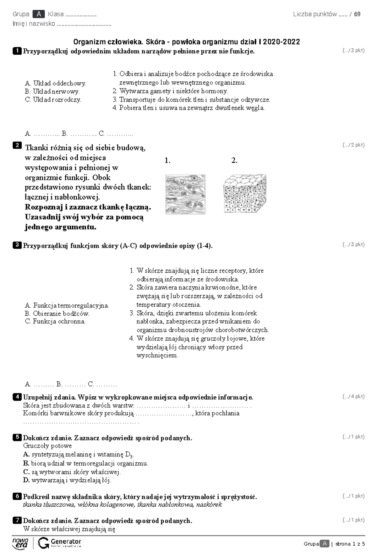 Test Eko - Biologia Kl 7 Organizm Człowieka - Grupa A | Strona 1 Z 5 1 ...