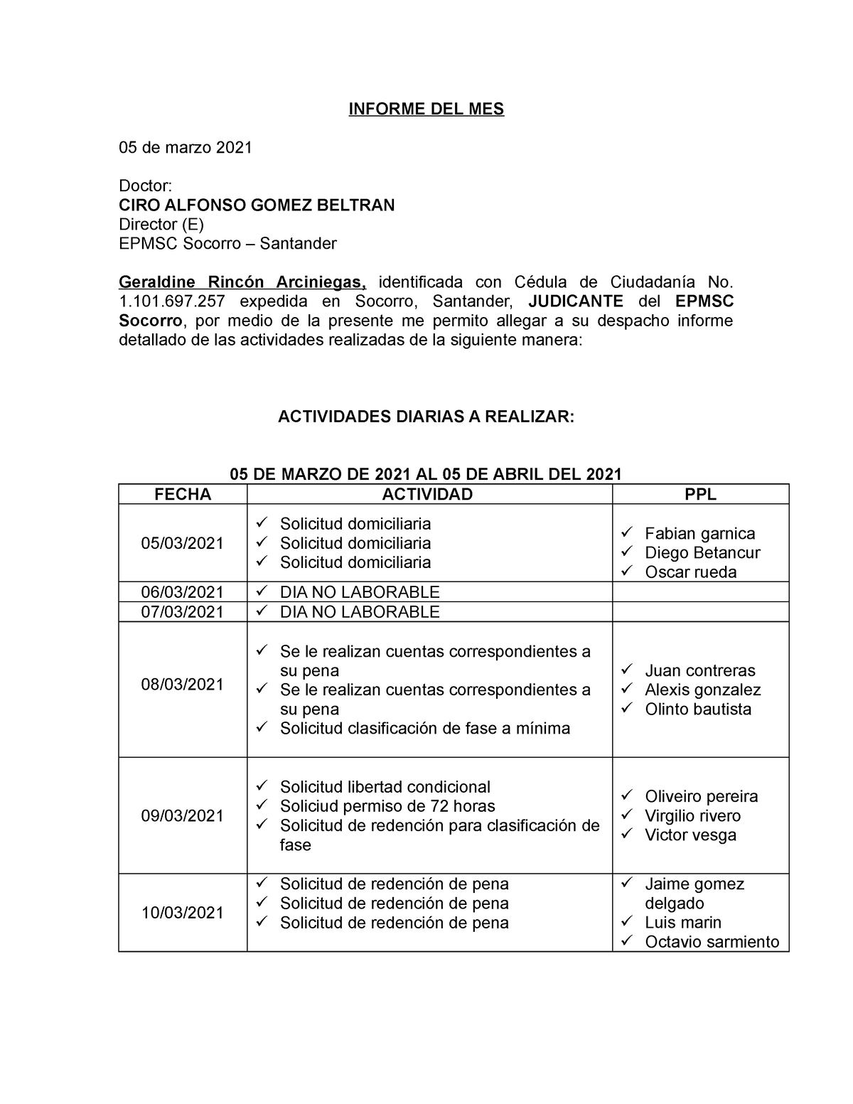 Informe DEL 05 Marzo AL 05 DE Abril INFORME DEL MES 05 de marzo