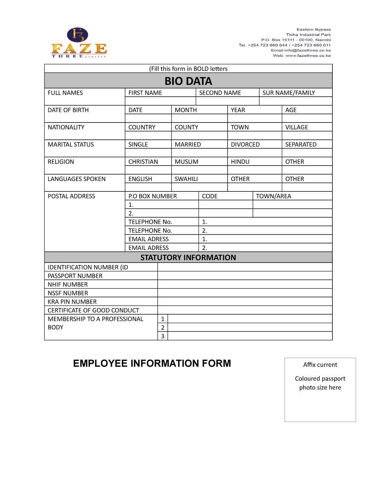 Employee information form (1) - (Fill this form in BOLD letters BIO ...