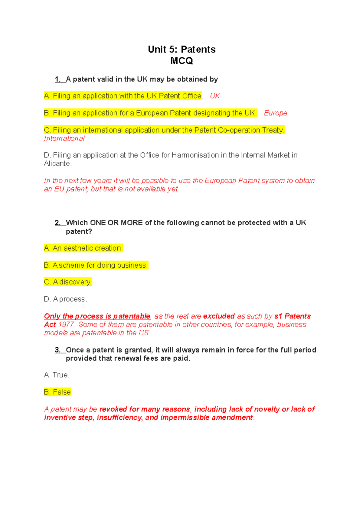 Unit 5 MCQ Unit 5 MCQ Intellectual Property Unit 5 Patents