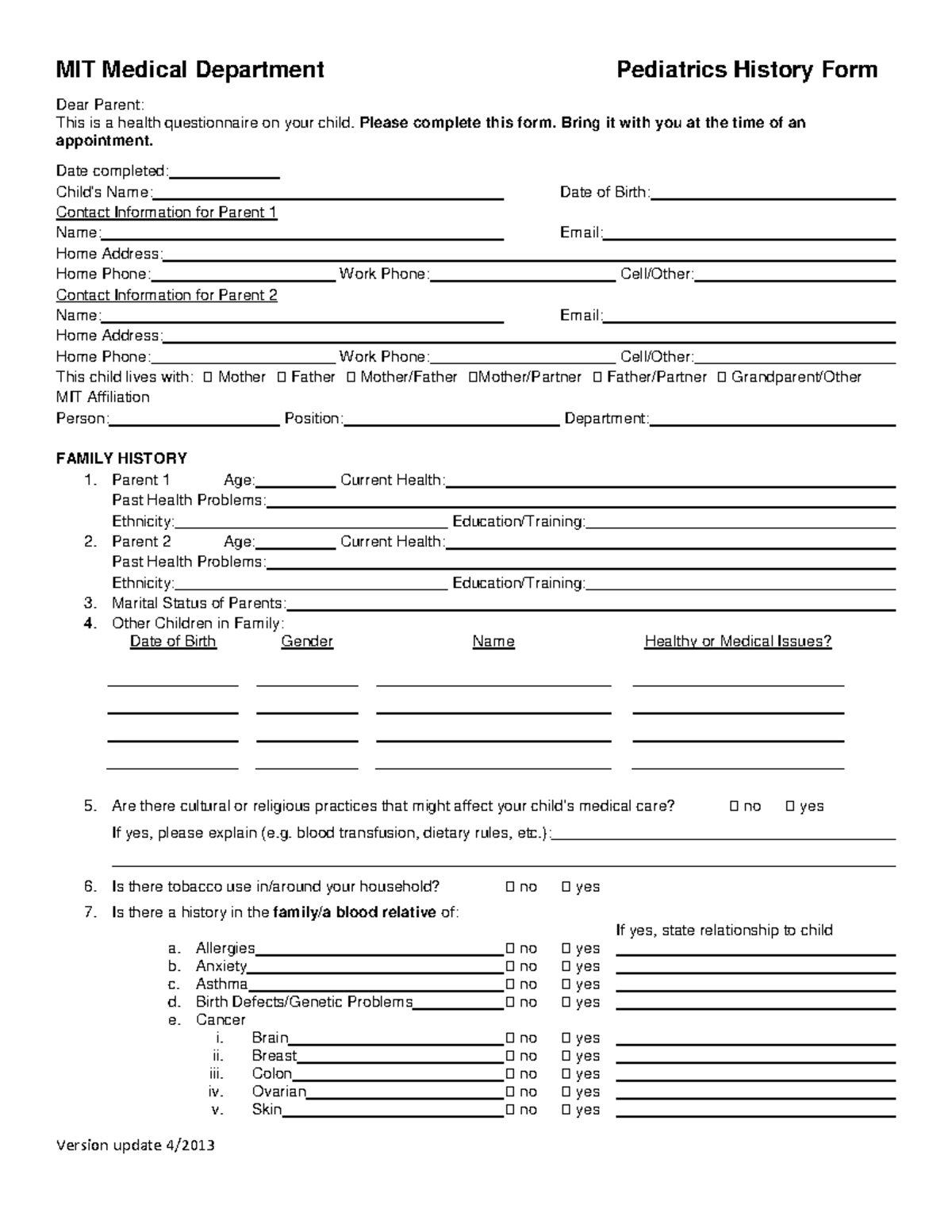 Pedshistory form - MIT Medical Department Pediatrics History Form Dear ...