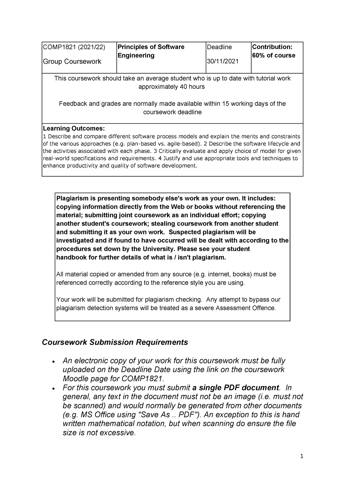 Principles of SE -Coursework specs - COMP1821 (2021/22) Group ...