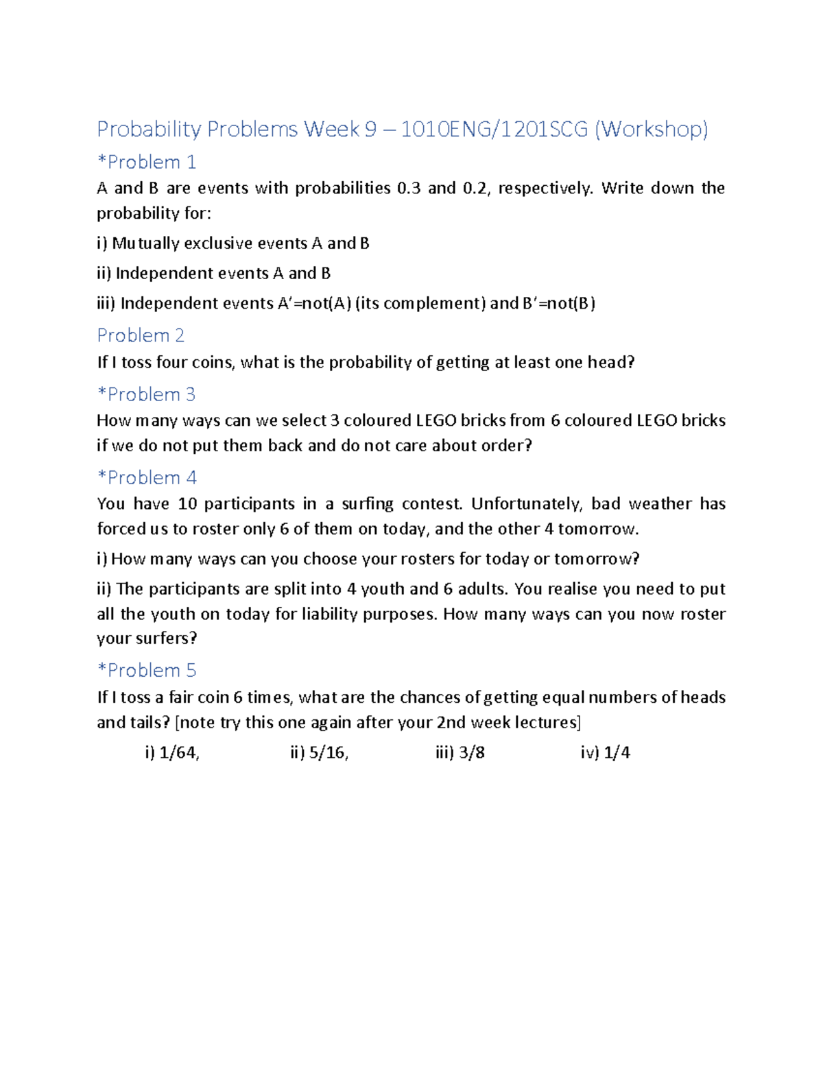 Probability Workshop-Week9-Both - Probability Problems Week 9 – 1010ENG ...