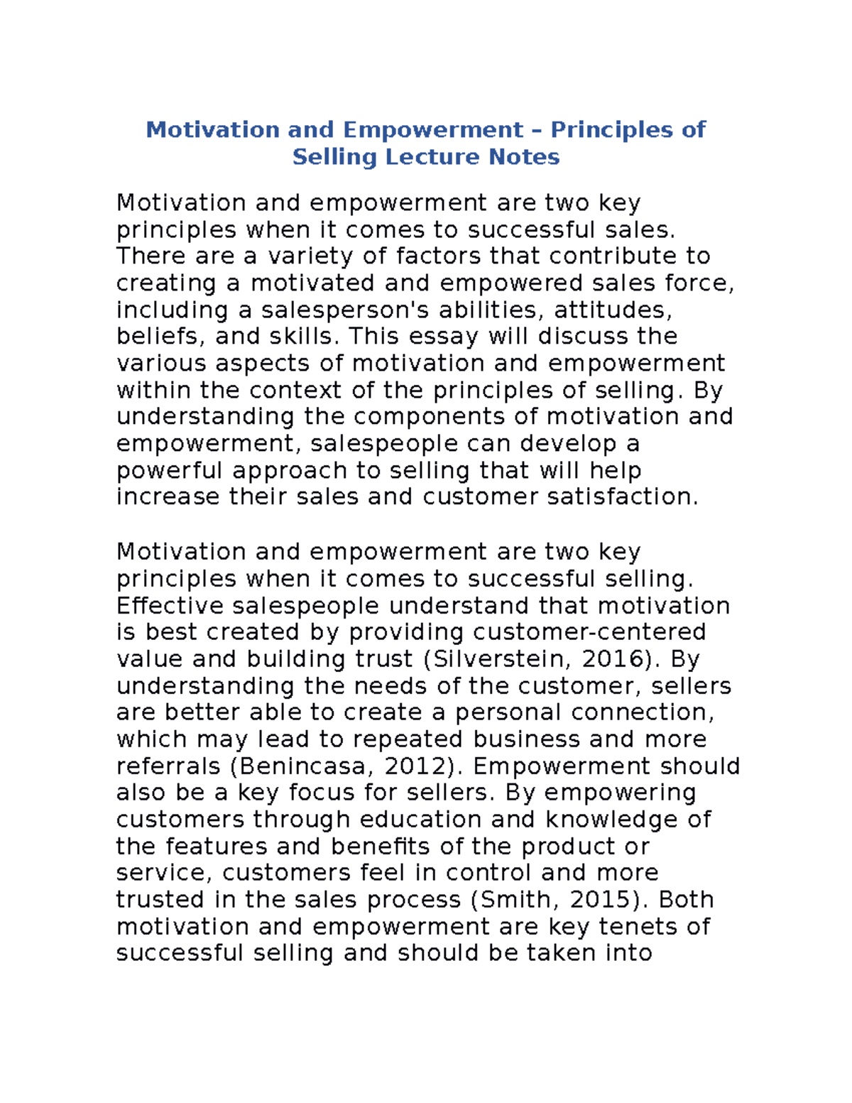 Motivation And Empowerment – Principles Of Selling Lecture Notes ...