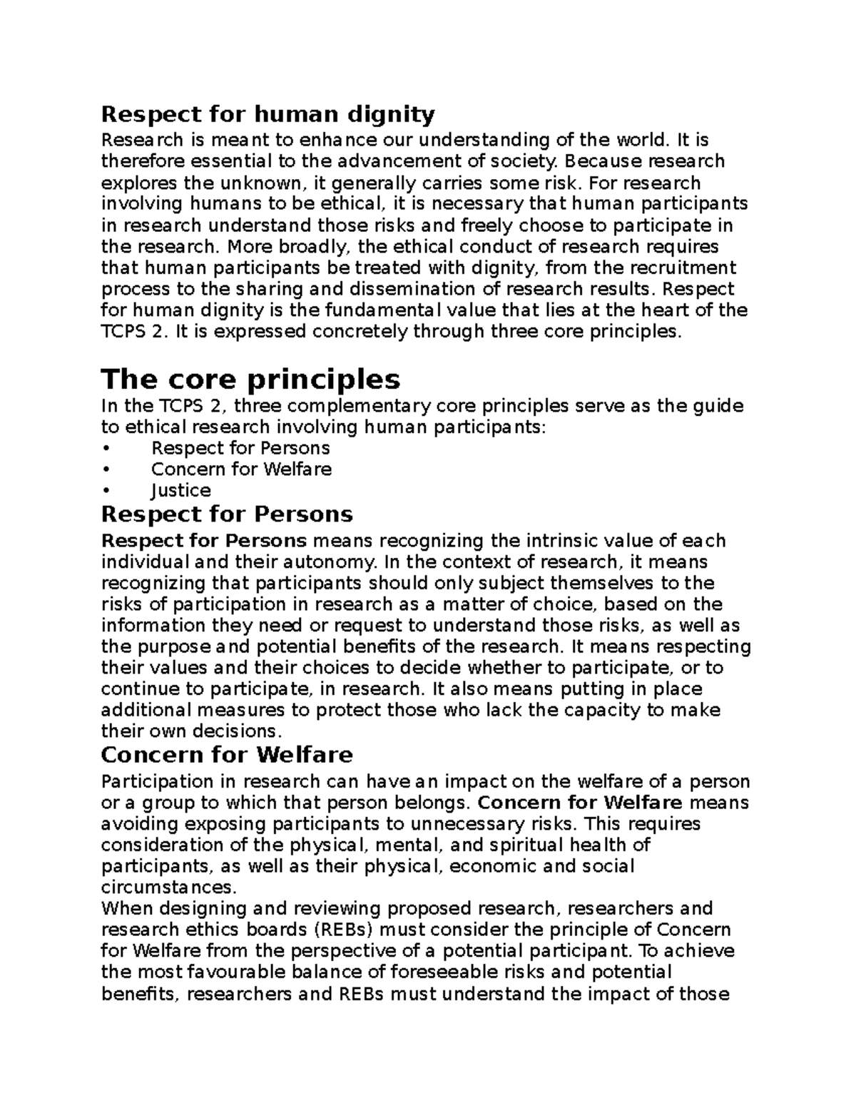 TCPS - GEOG 361 - TCPS notes - Respect for human dignity Research is ...