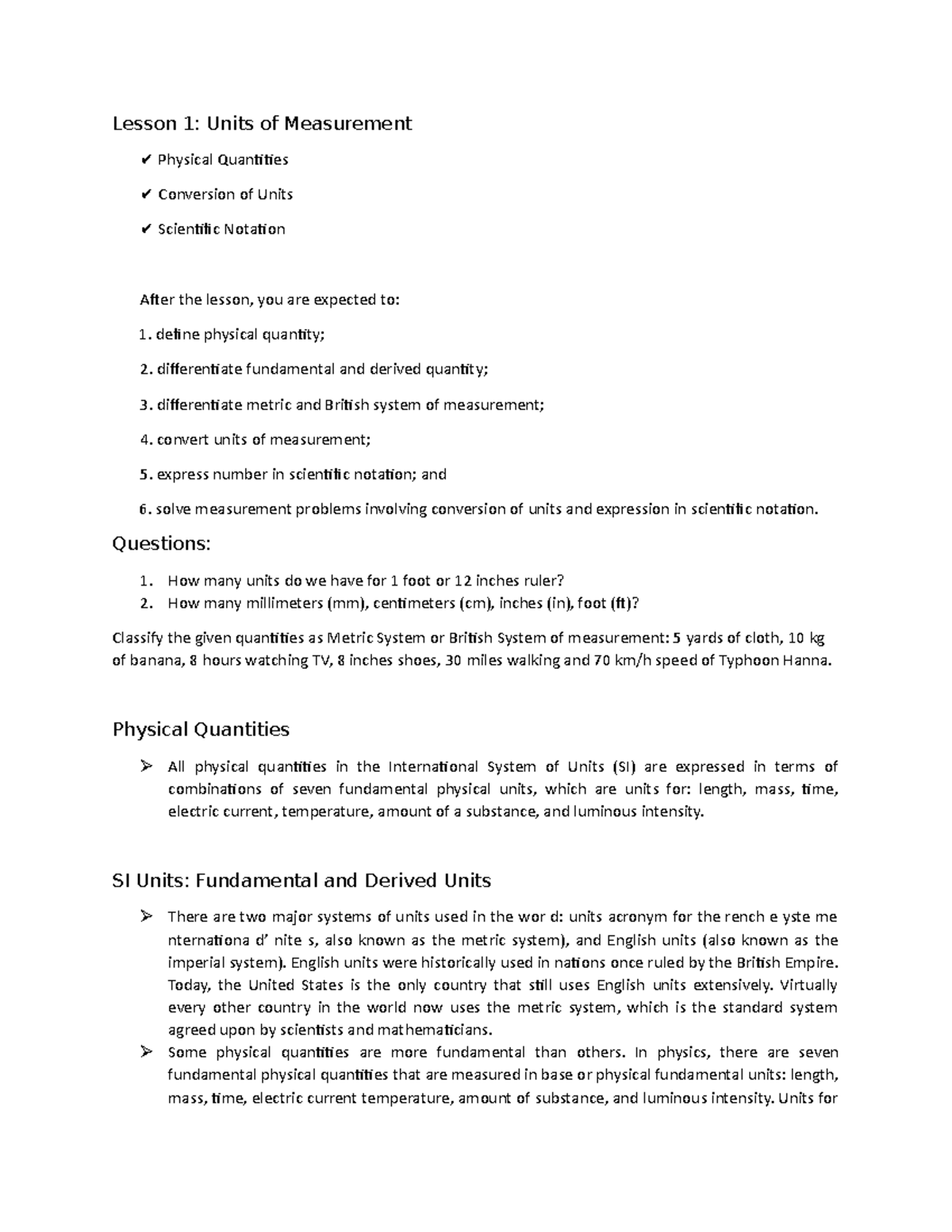 Physical science notes lesson 1 units of measurement physical