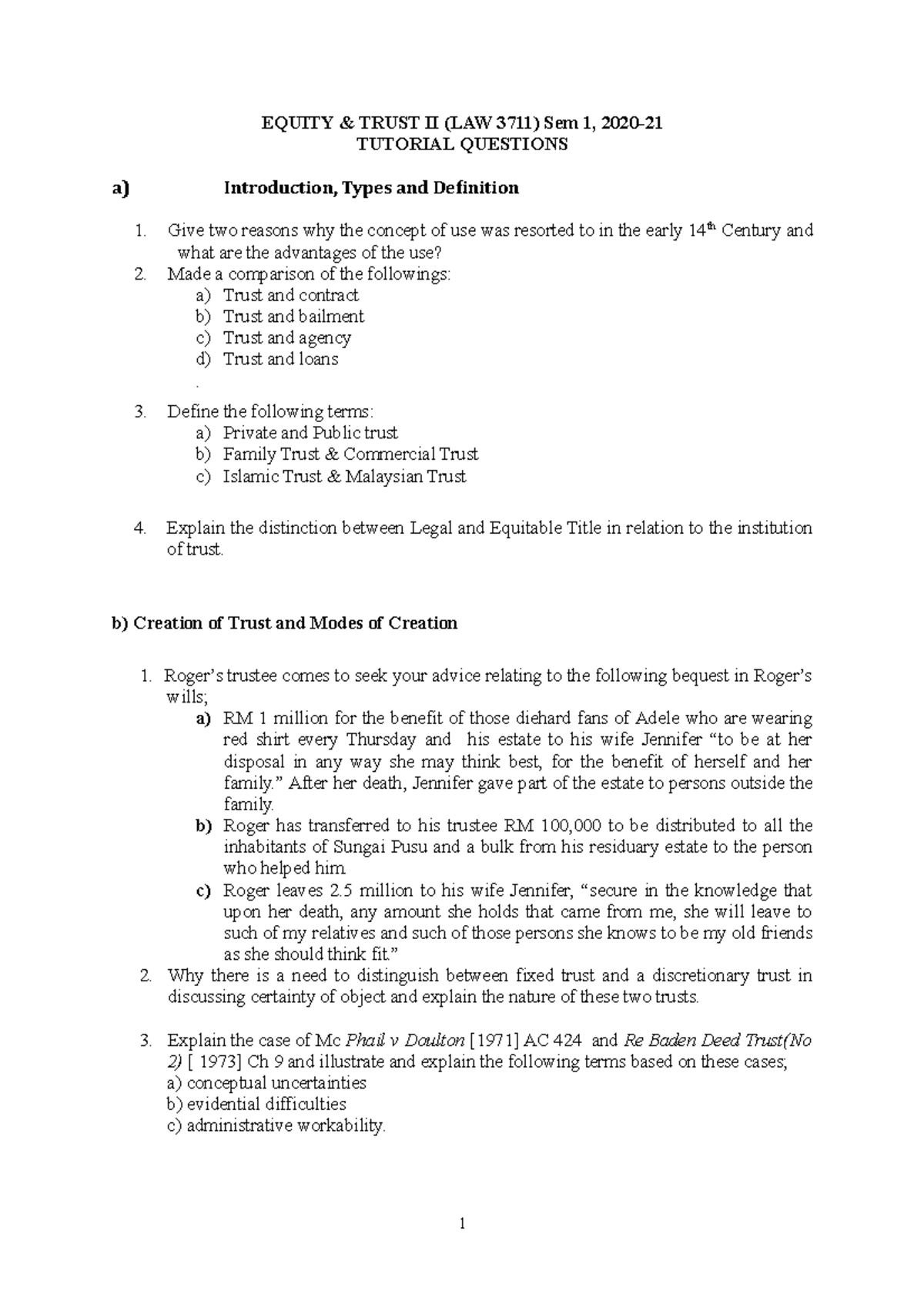 Tutorial Questions Equity 2020-1 - EQUITY & TRUST II (LAW 3711) Sem 1 ...