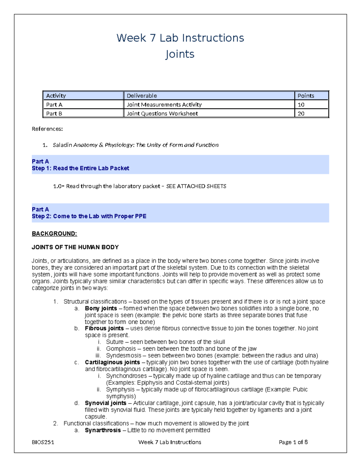BIOS251 W7 Lab Completed - Week 7 Lab Instructions Joints Activity ...