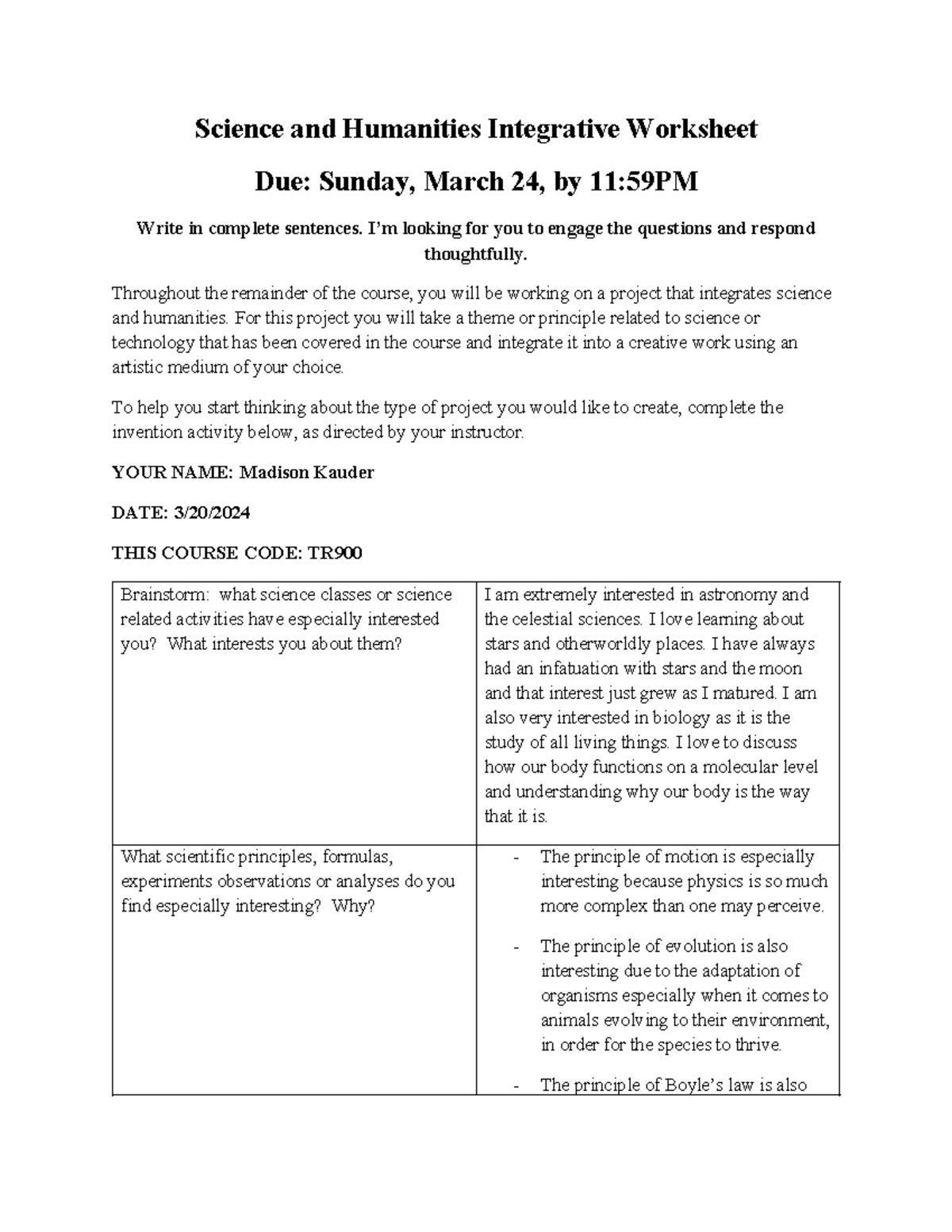 SCI & HUM Integrative Worksheet - Science and Humanities Integrative ...