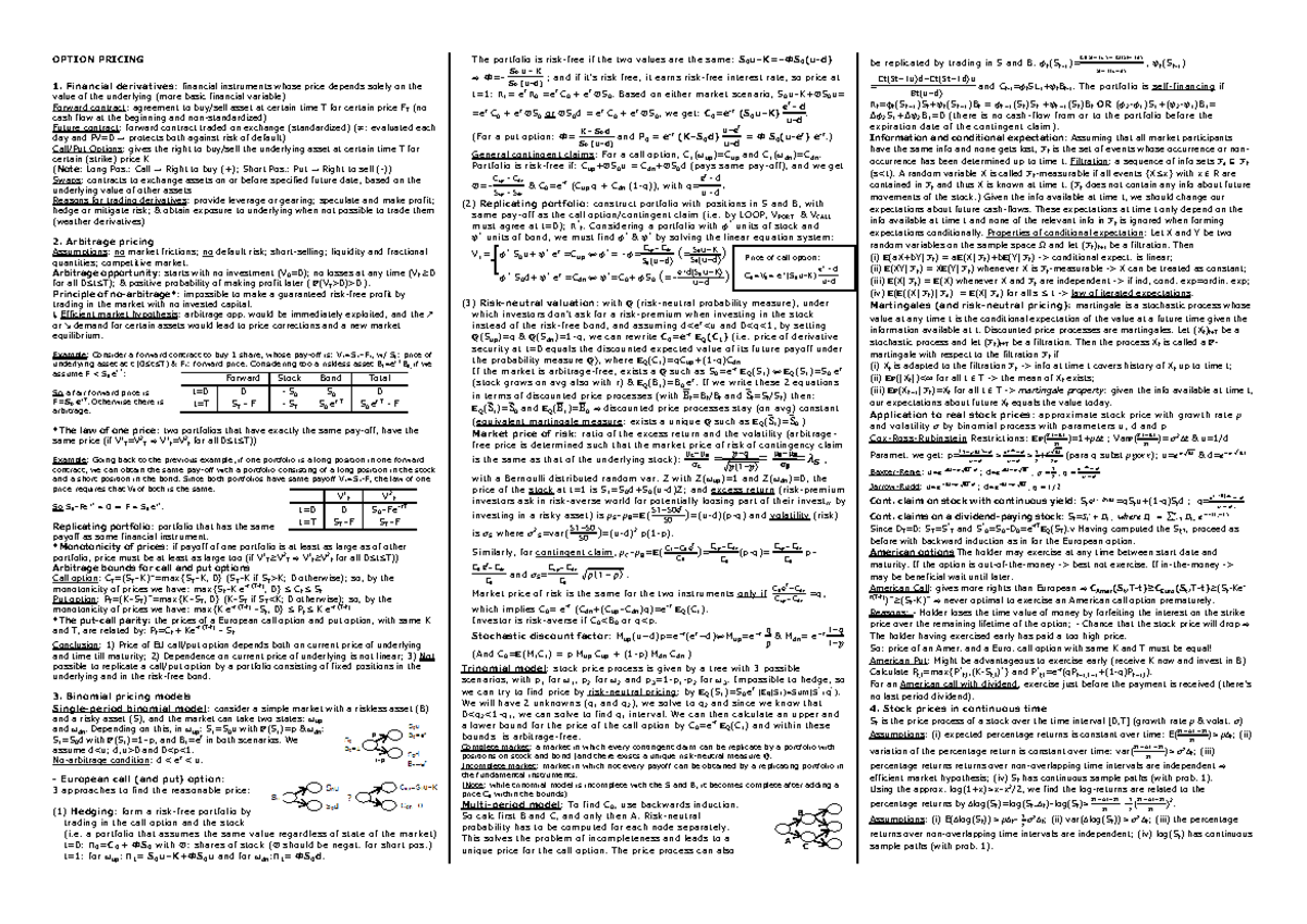 Formula Sheet For The Exam Quantitative Techniques For Financial Economics Studeersnel