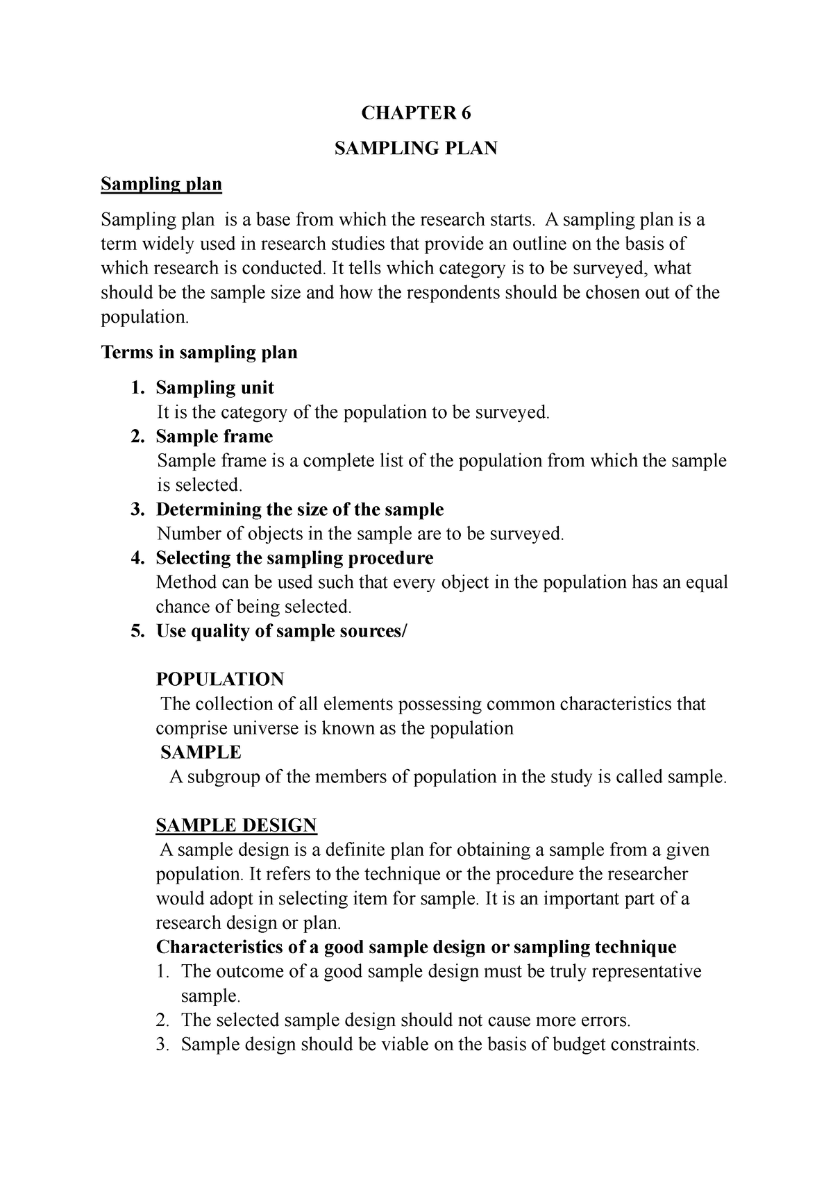 Sampling PLAN - Notes - CHAPTER 6 SAMPLING PLAN Sampling plan Sampling ...