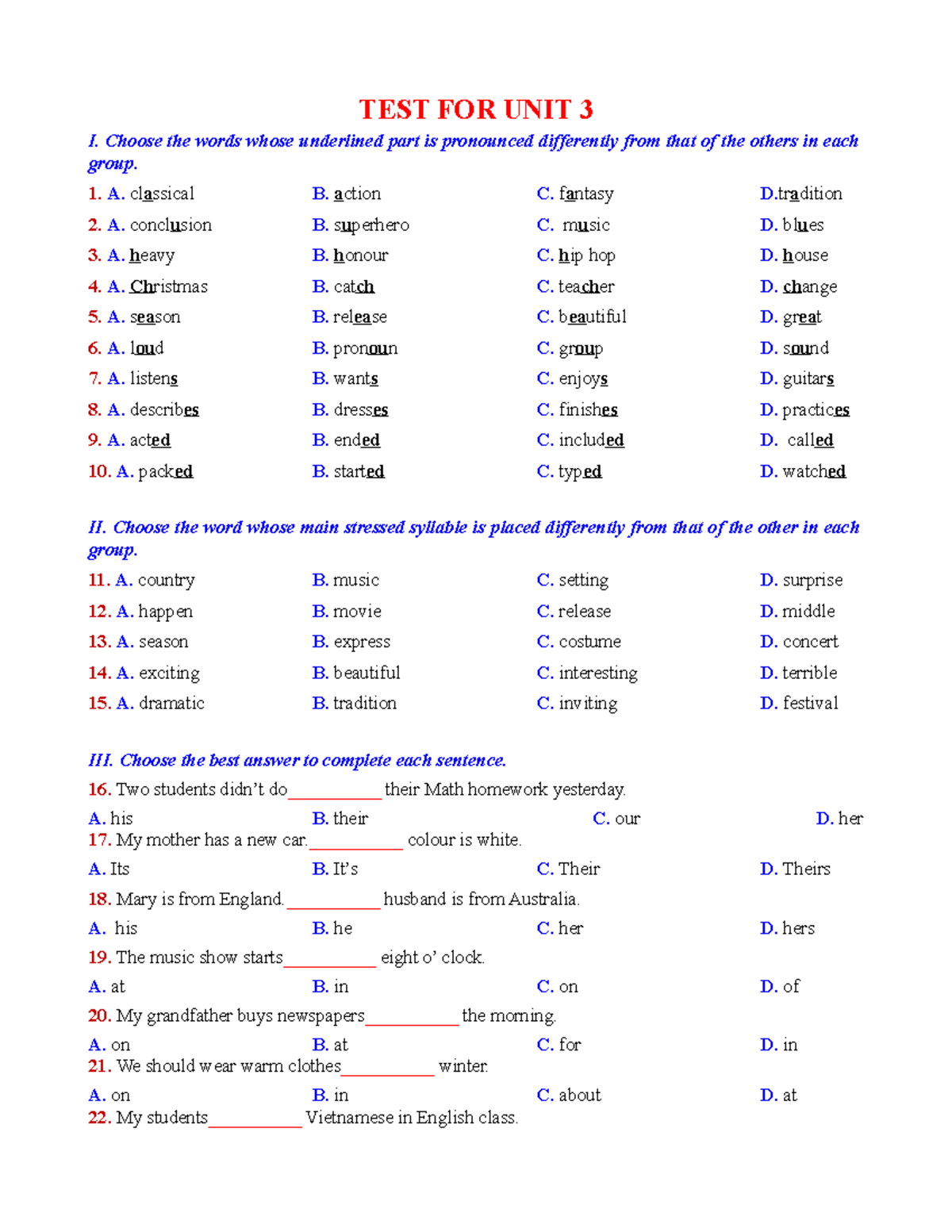 Test for unit 3 improve level of students test for unit 3 i choose
