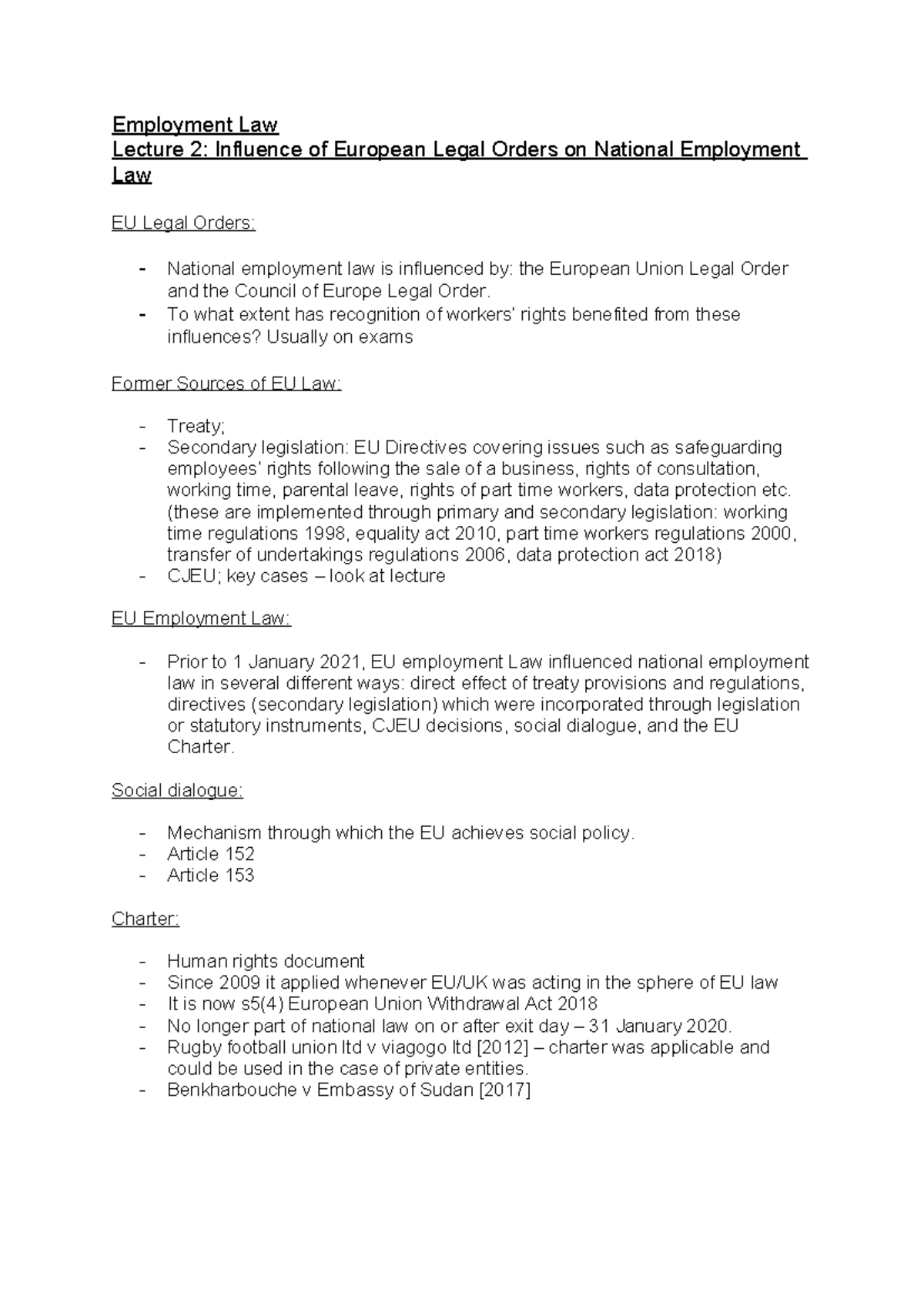 Lecture 2 Notes - Employment Law Lecture 2: Influence of European Legal ...