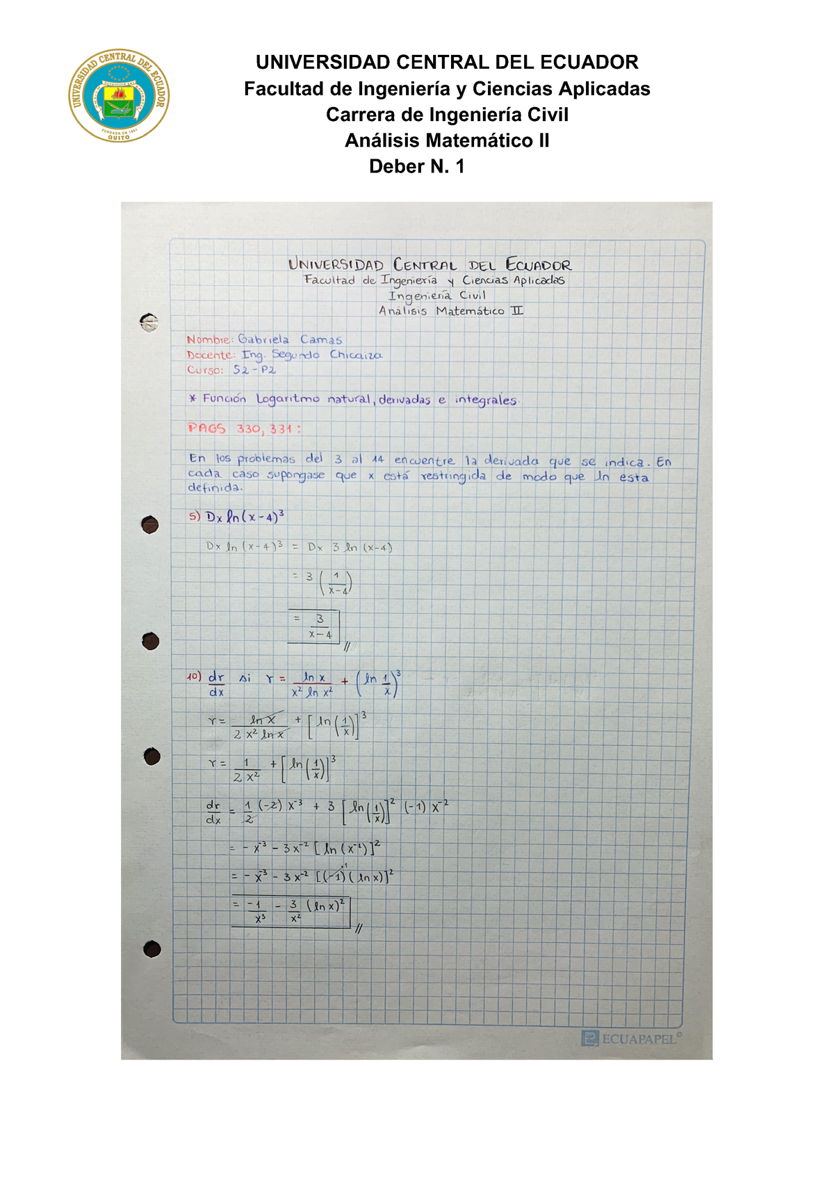 Derivadas E Integrales Función Logaritmo Analisis Matematico Facultad De Ingeniería Y 4211