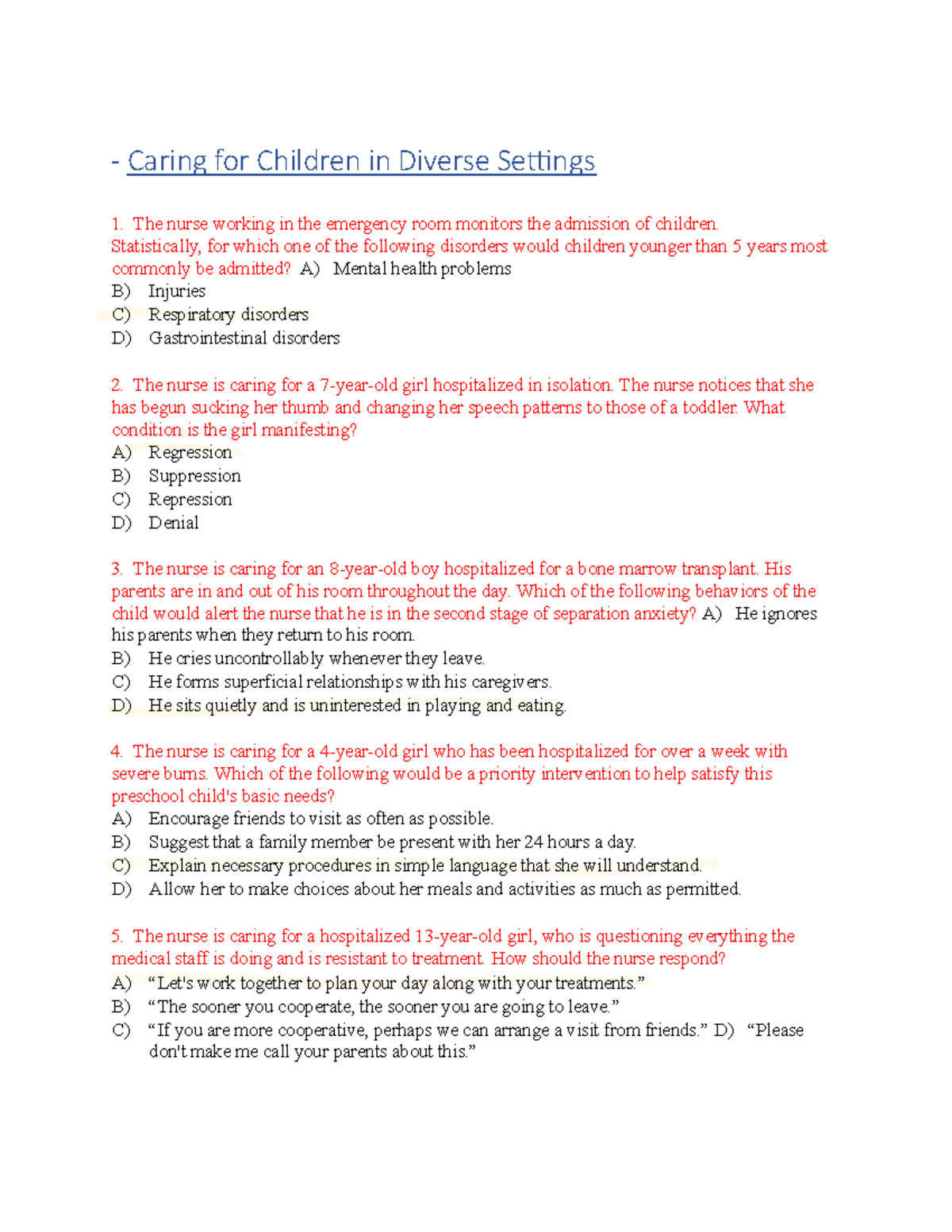 Caring for Children in Diverse Settings Study Questions - Caring for ...