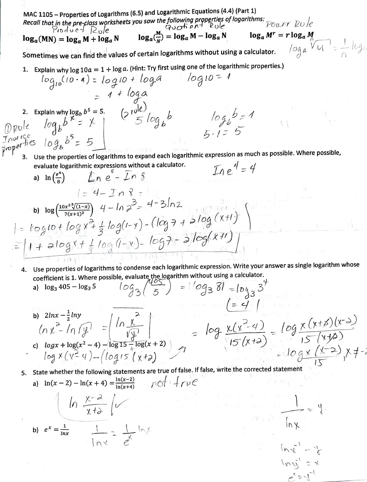 Properties of Logarithm and logarithm equations - MAC 1105 ...