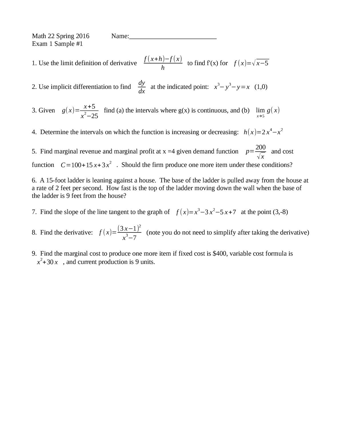 Math22exam1sample 1 - final exam practice - Math 22 Spring 201 6 Name