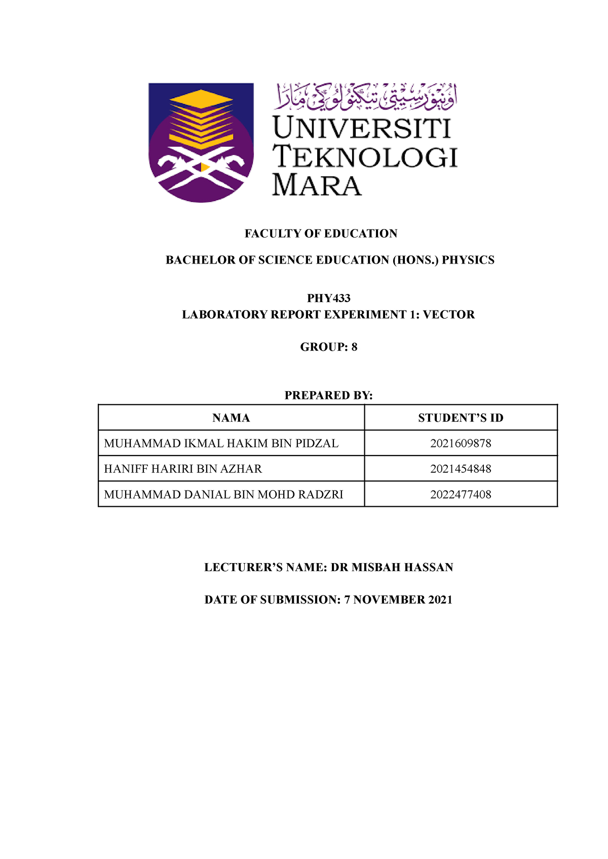 Group 8 Lab Report Experiment 1 ED248 - FACULTY OF EDUCATION BACHELOR ...