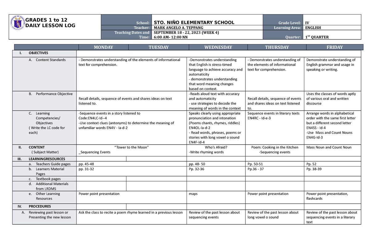 DLL English 4 Q1 W4 - DLL - GRADES 1 To 12 DAILY LESSON LOG School: STO ...