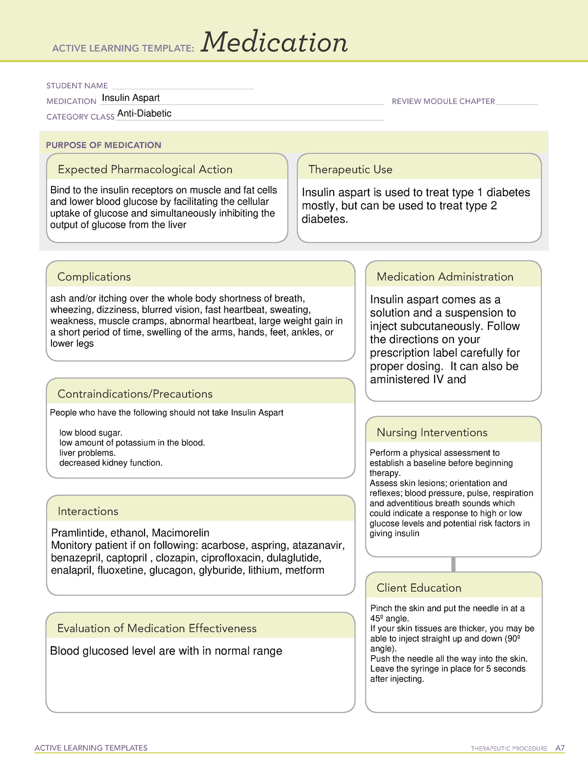 ATI Insulin Aspart Med Form ACTIVE LEARNING TEMPLATES THERAPEUTIC