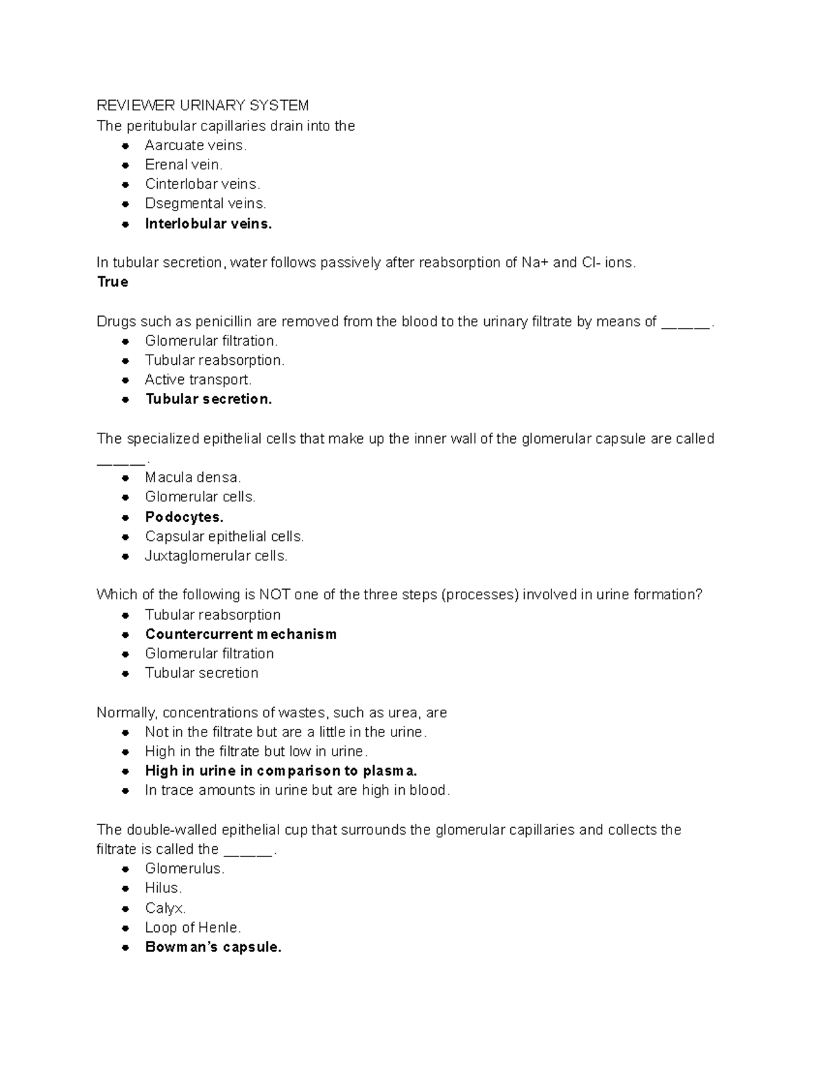 Urinary System - Lecture notes 1-14 - REVIEWER URINARY SYSTEM The ...