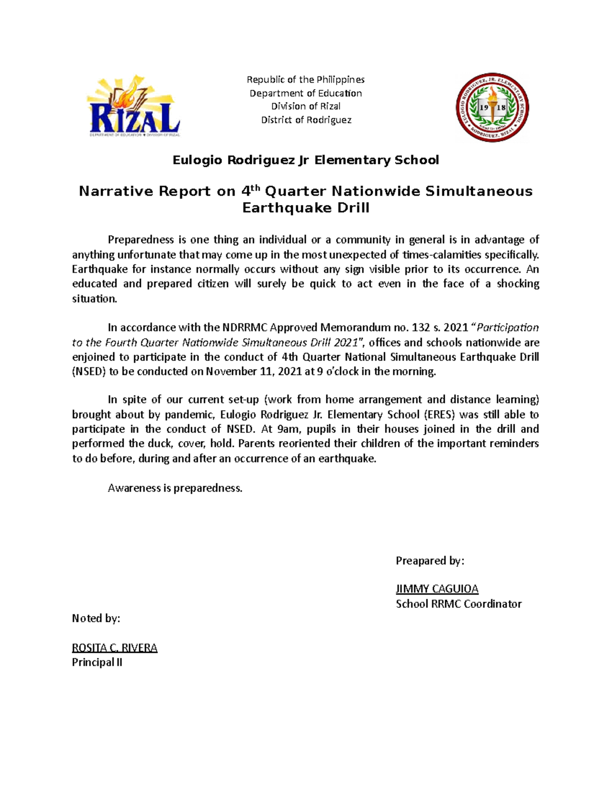 Narrative Report On 4q Earthquake Drill 2021 Republic Of The Philippines Department Of