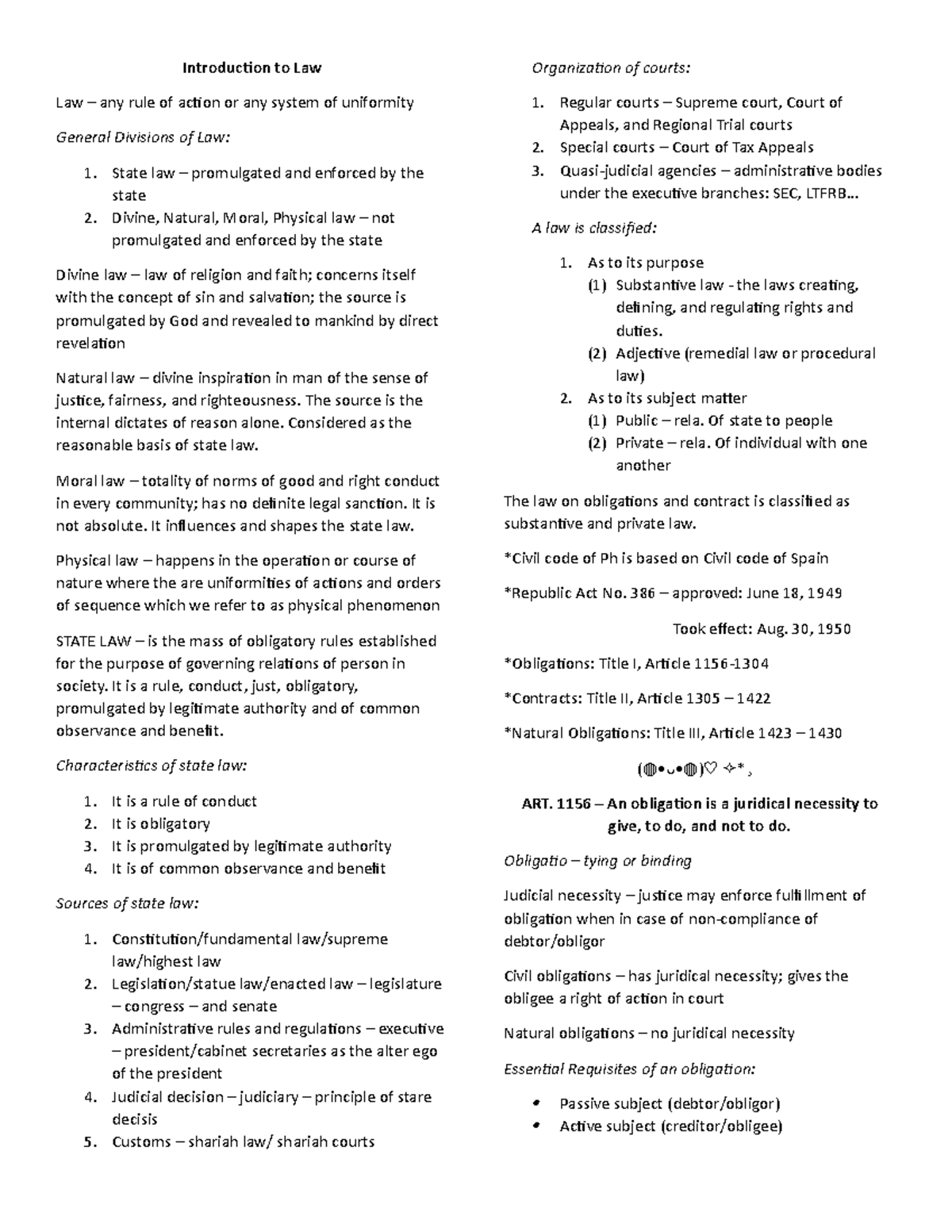 Notes on Law on Obligations and Contracts - Introduction to Law Law ...