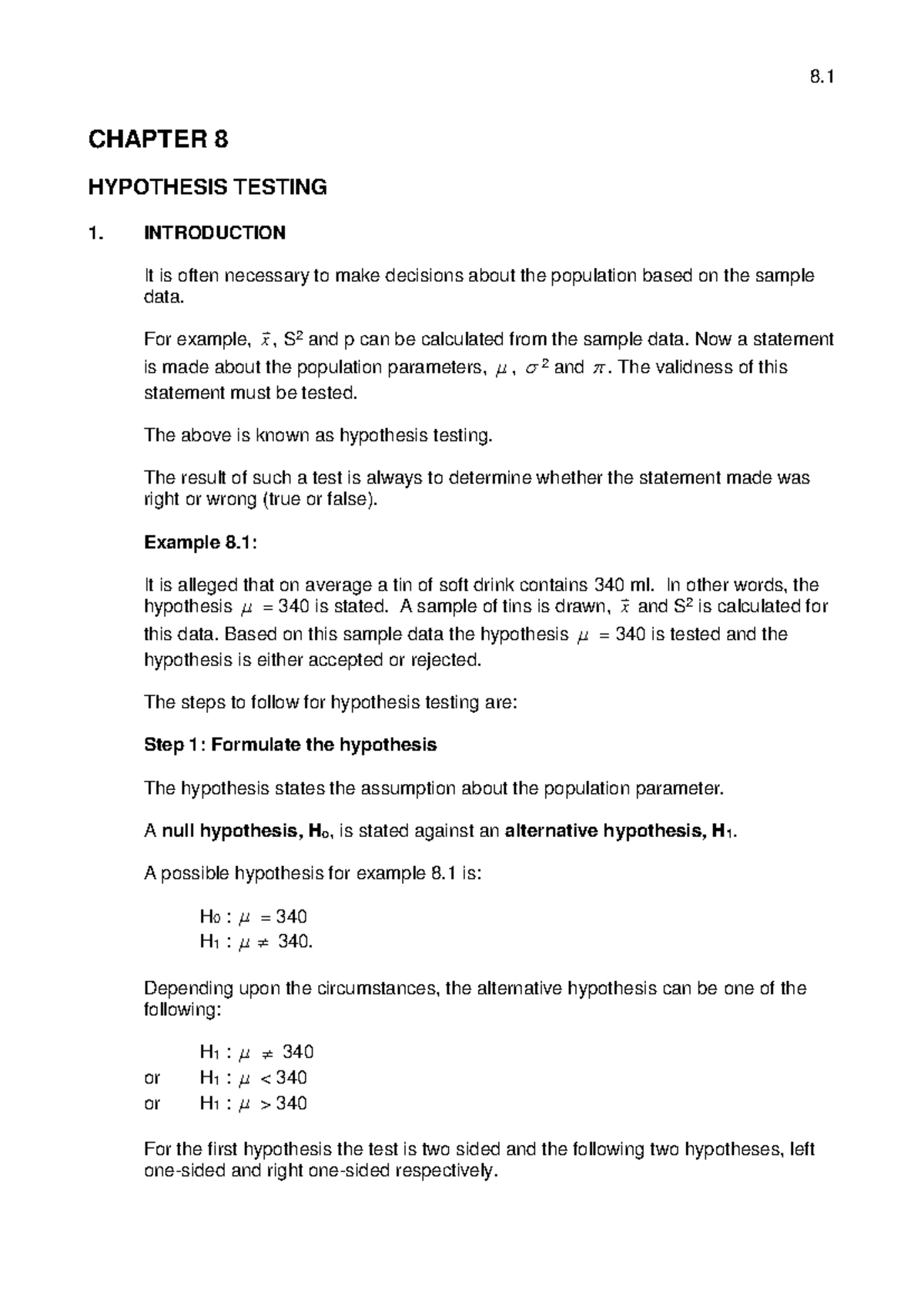 Chapter 8 - You can use them to study - CHAPTER 8 HYPOTHESIS TESTING 1 ...