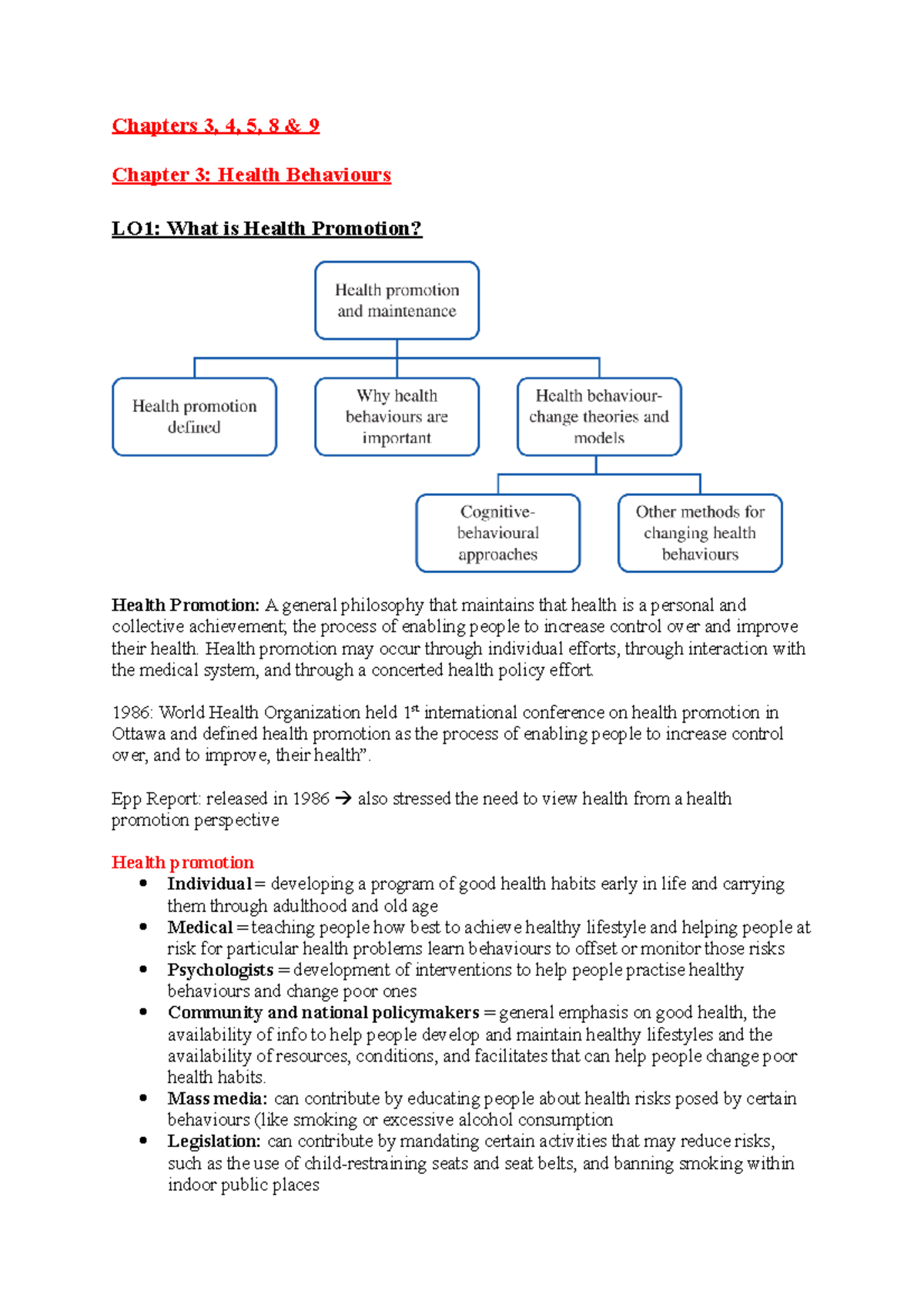 Lecture Part 2 - Chapters 3, 4, 5, 8 & 9 Chapter 3: Health Behaviours ...