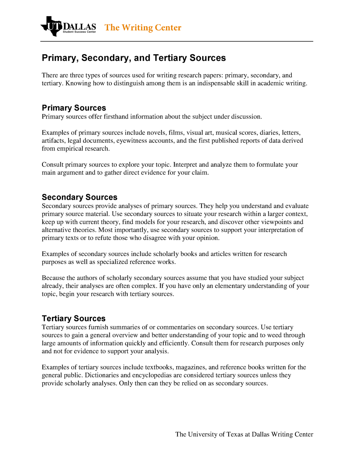 Primary Secondary Tertiary Sources The University Of Texas At Dallas 