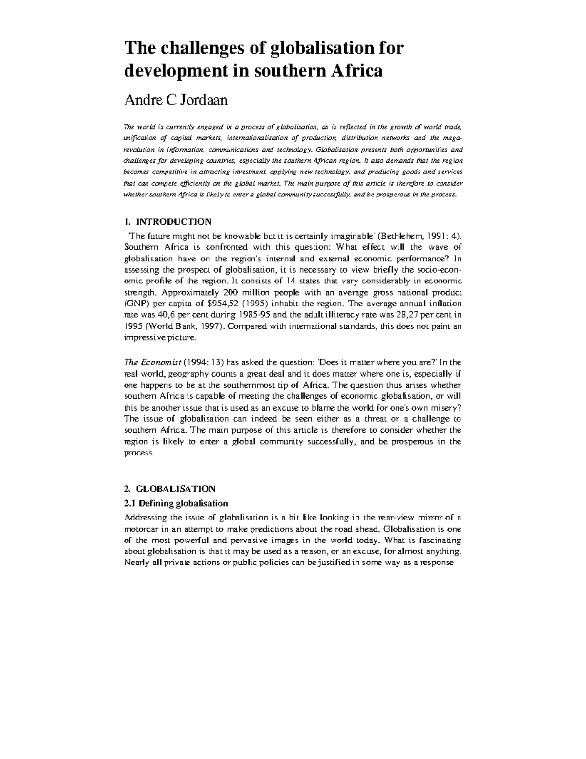 Jordaan Challenges 282001 29 - The challenges of globalisation for ...
