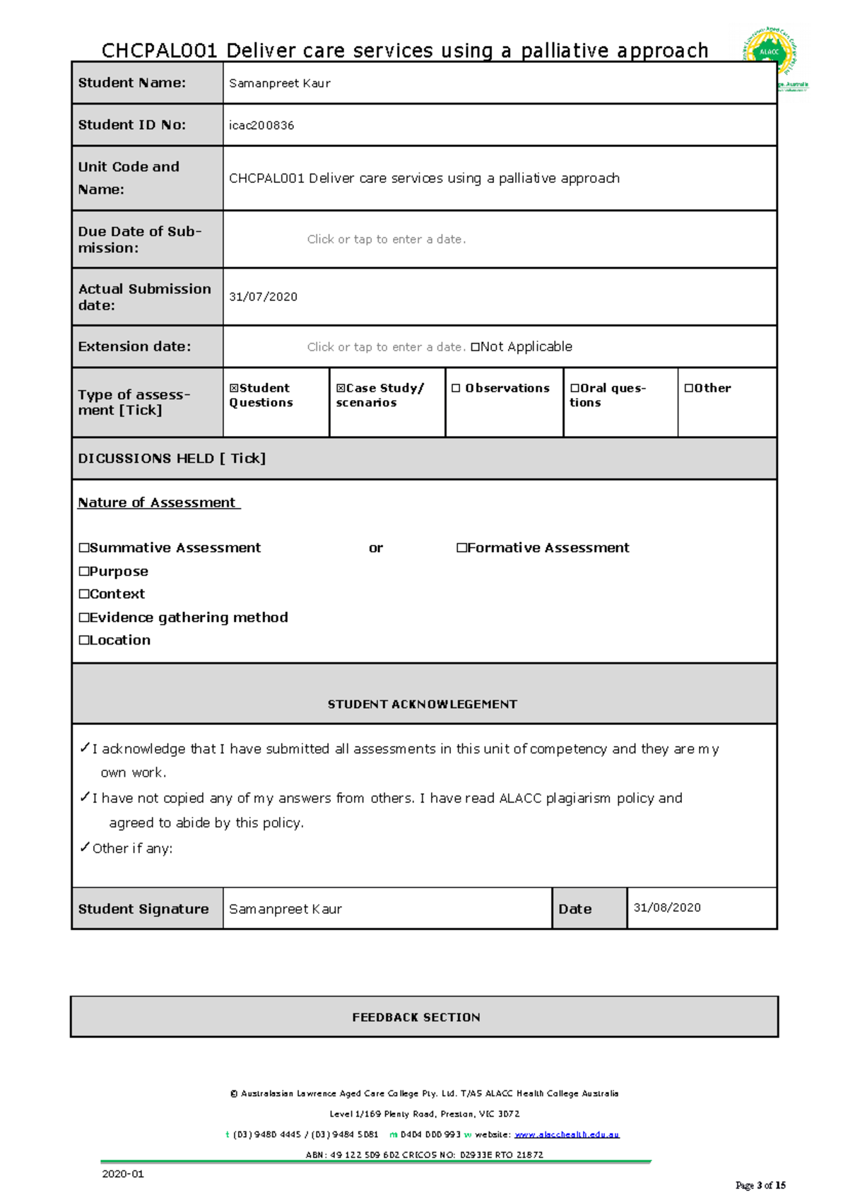 Chcpal 001 palliative care samanpreetkaur - Page 3 of 15 Student Name ...