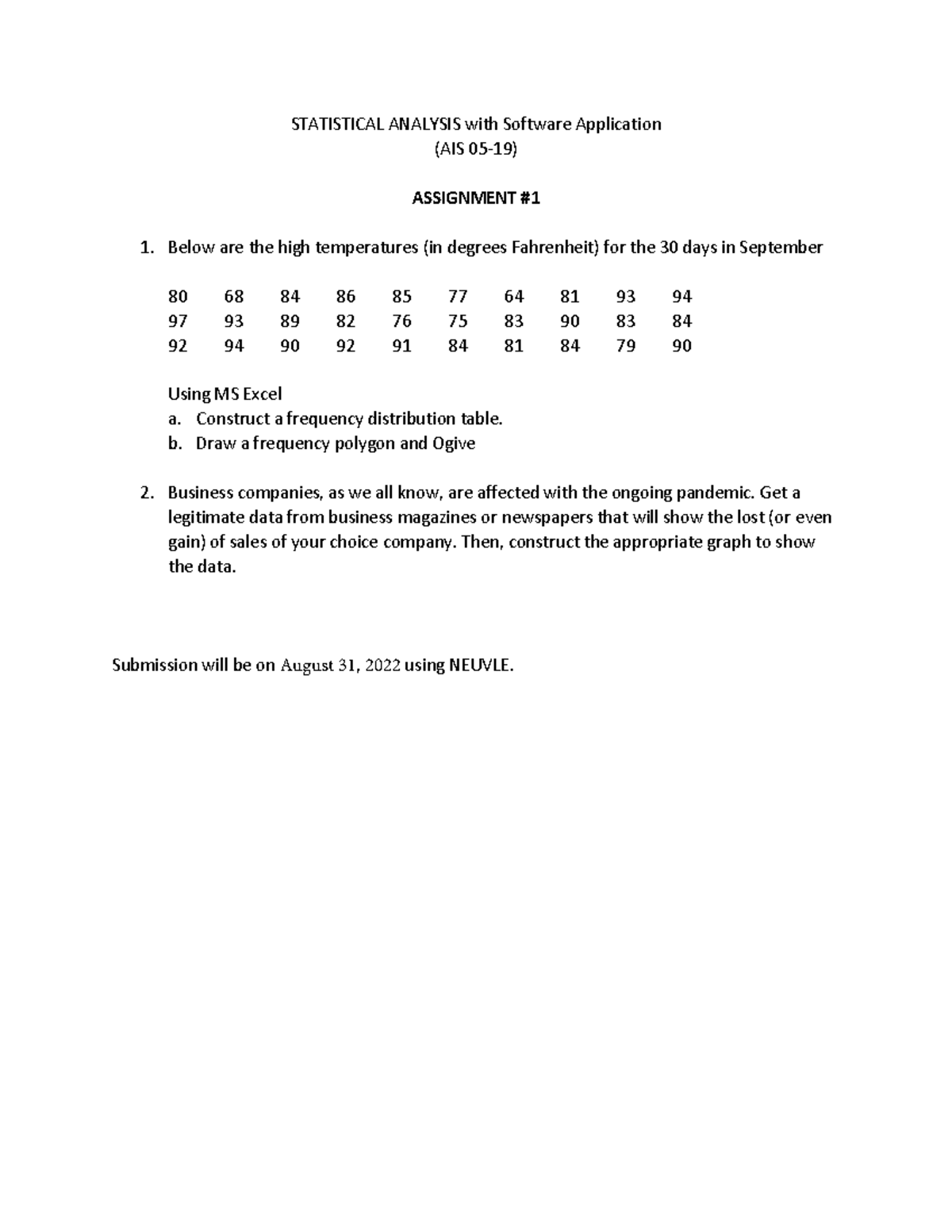Statistical Analysis assign 1 - STATISTICAL ANALYSIS with Software ...