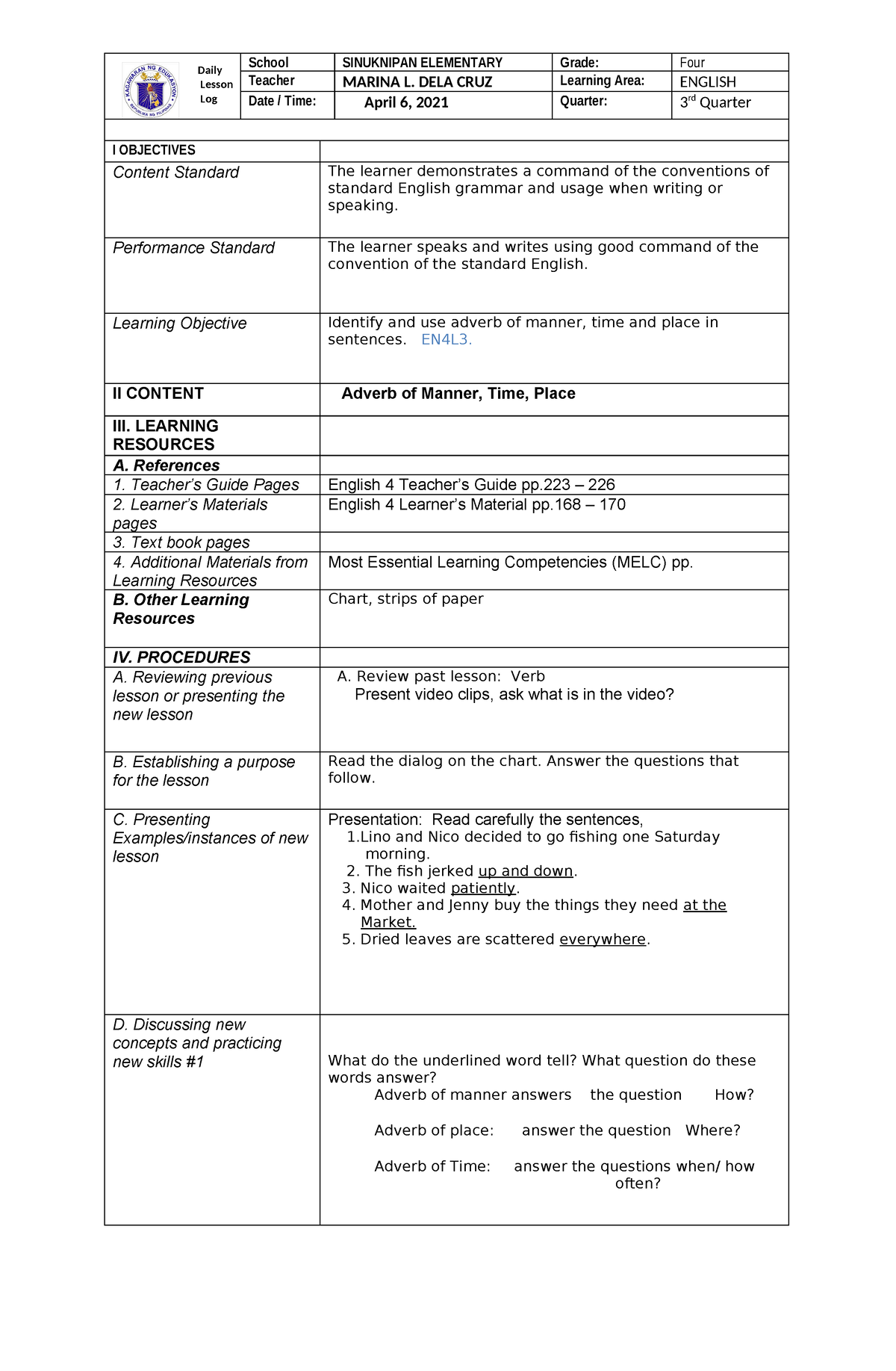 DLL-English - Dll.. - Daily Lesson Log Lesso School SINUKNIPAN ...