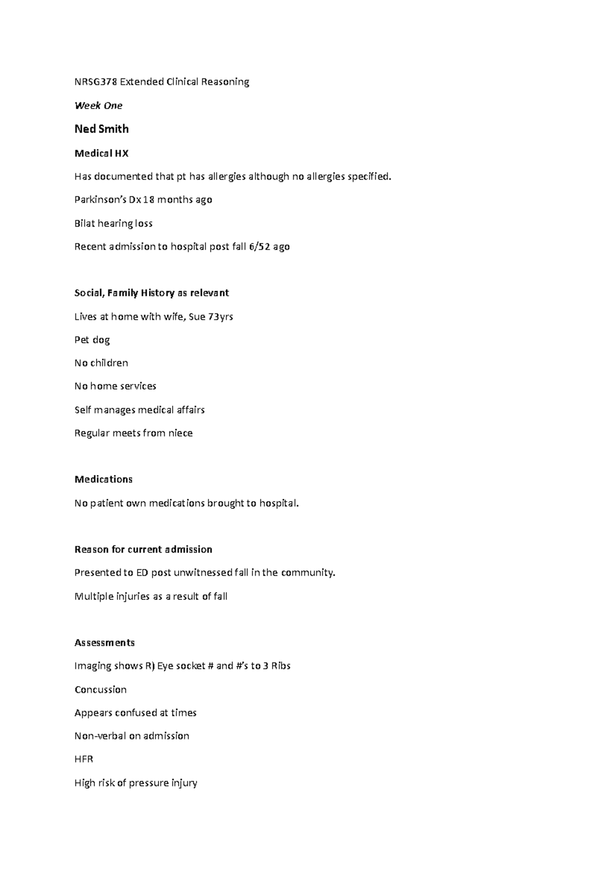 Tut notes 378 - NRSG378 Extended Clinical Reasoning Week One Ned Smith ...