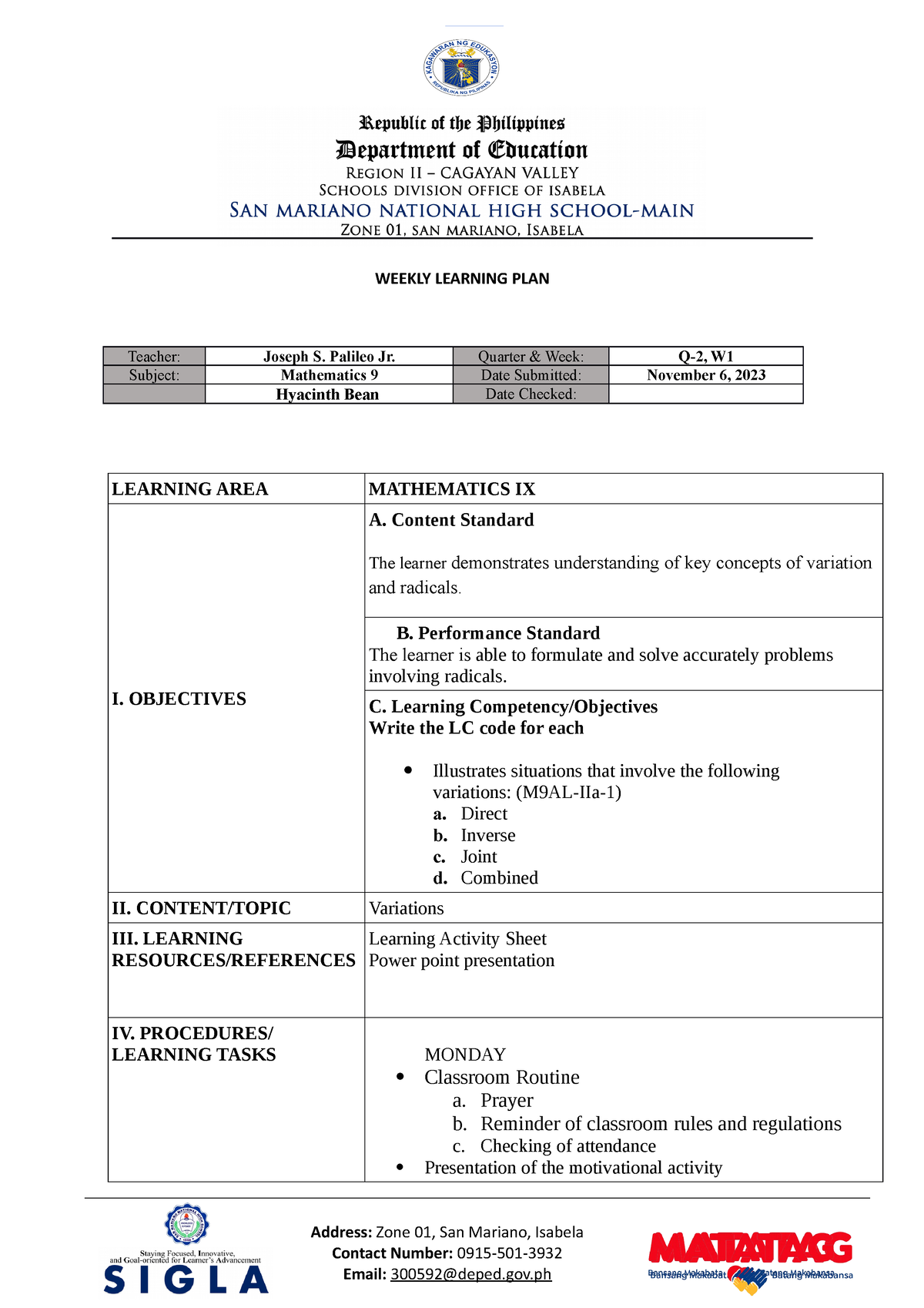 WLP WEEK 1 2nd Quarter Grade 9 - WEEKLY LEARNING PLAN Teacher: Joseph S ...