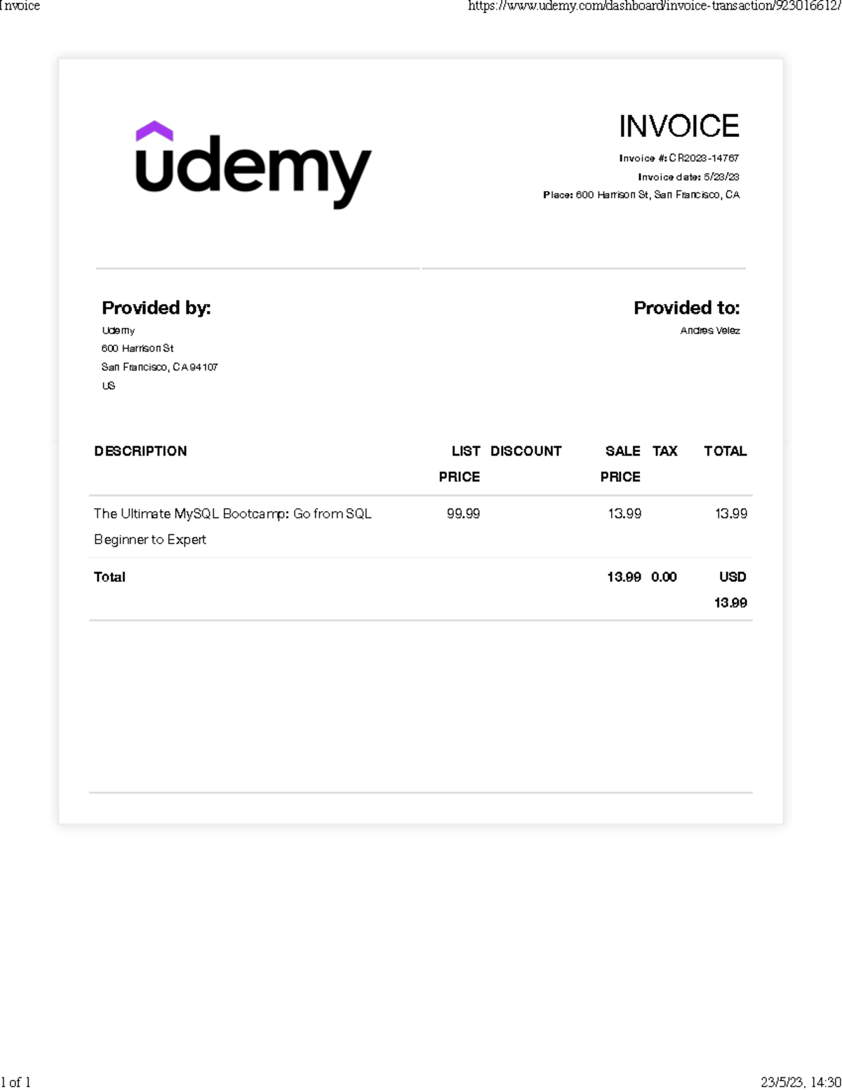 SQL - INVOICE Invoice #: CR2023- Invoice date: 5/23/ Place: 600 ...