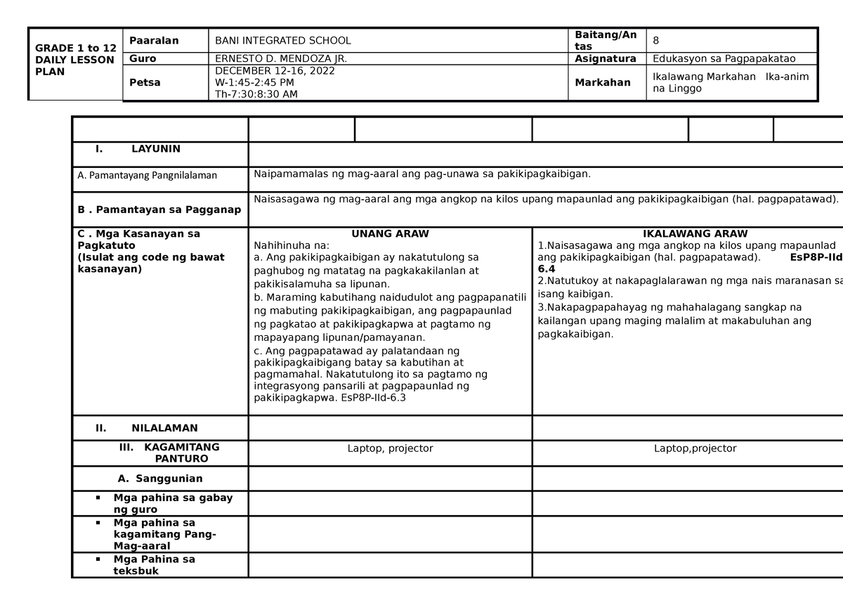 Q2 DLL ESP8 WEEK6 - None - GRADE 1 To 12 DAILY LESSON PLAN Paaralan ...