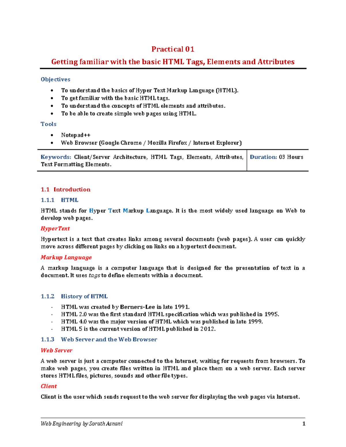 Practical 01 - Practical 01 Getting familiar with the basic HTML Tags ...