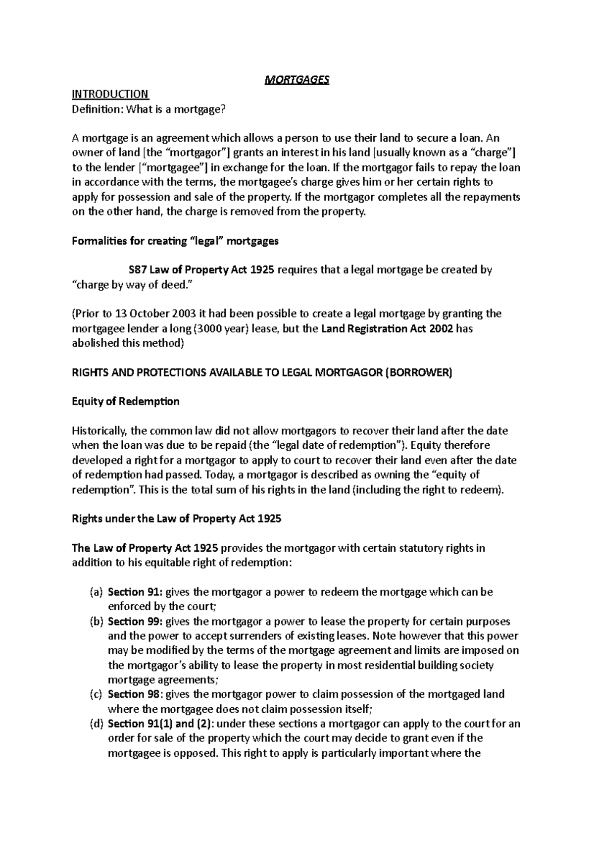 Mortgages Property Law INTRODUCTION Definition What is a mortgage