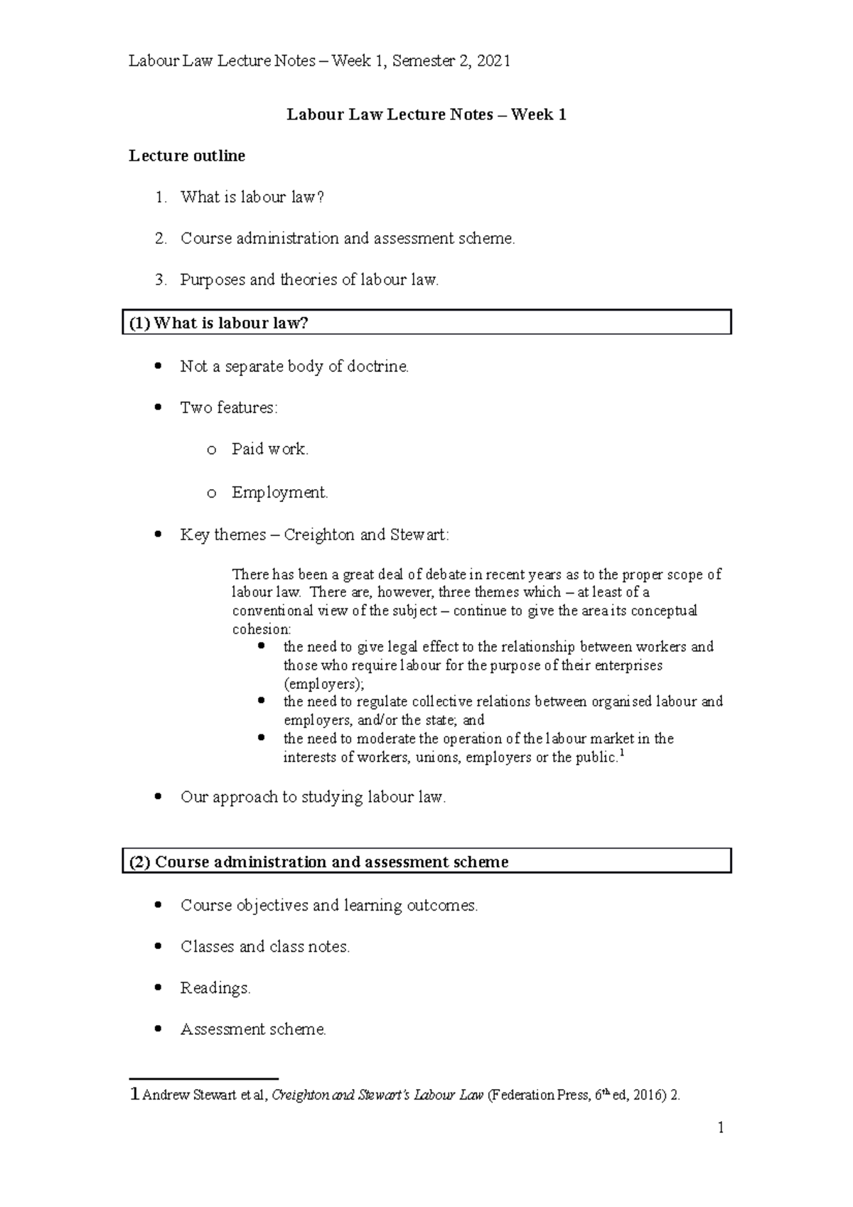 Labour Law Lecture Notes Week 1 2021 Labour Law Lecture Notes Week 1 Lecture Outline 