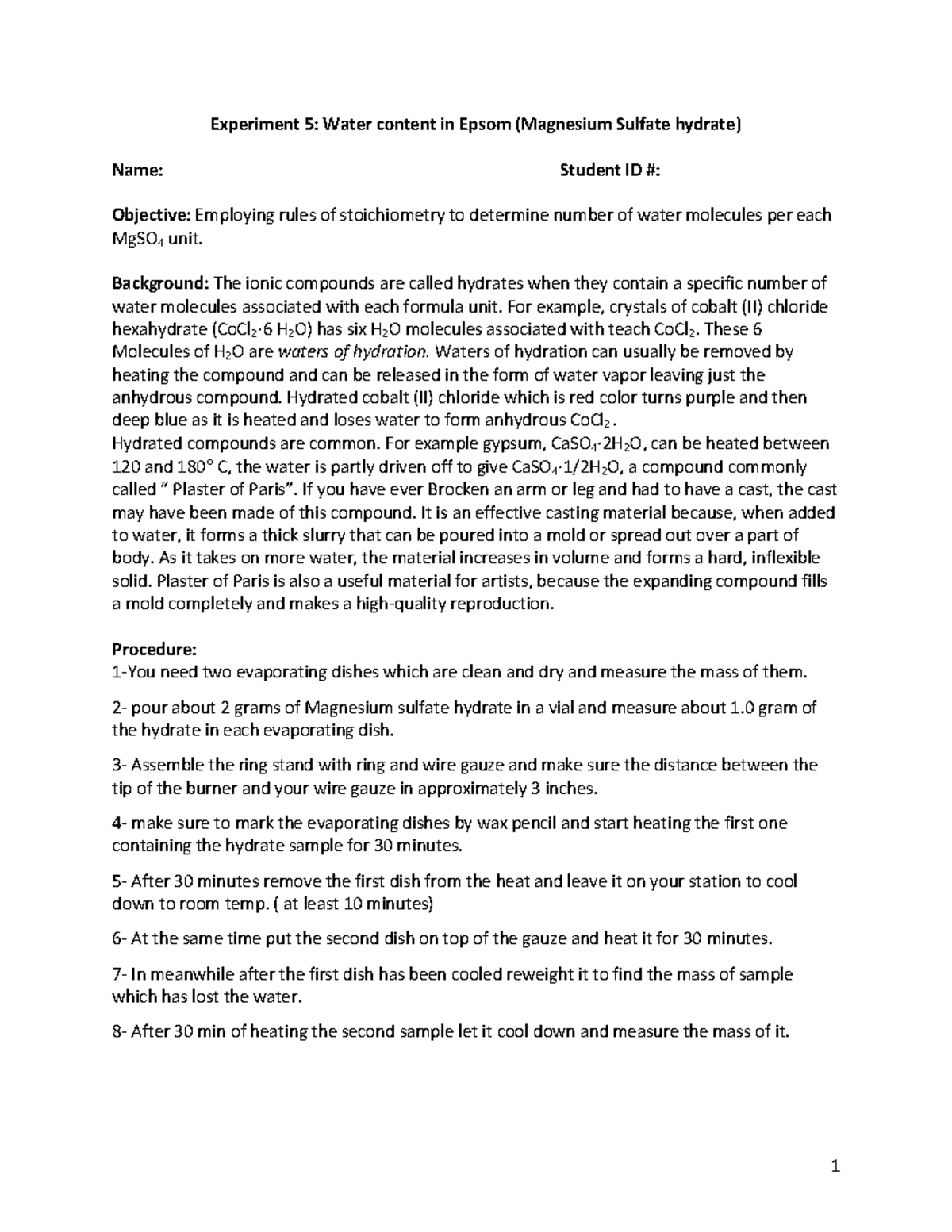EXP 3 - Hydrate - Lab report - 1 Experiment 5: Water content in Epsom ...